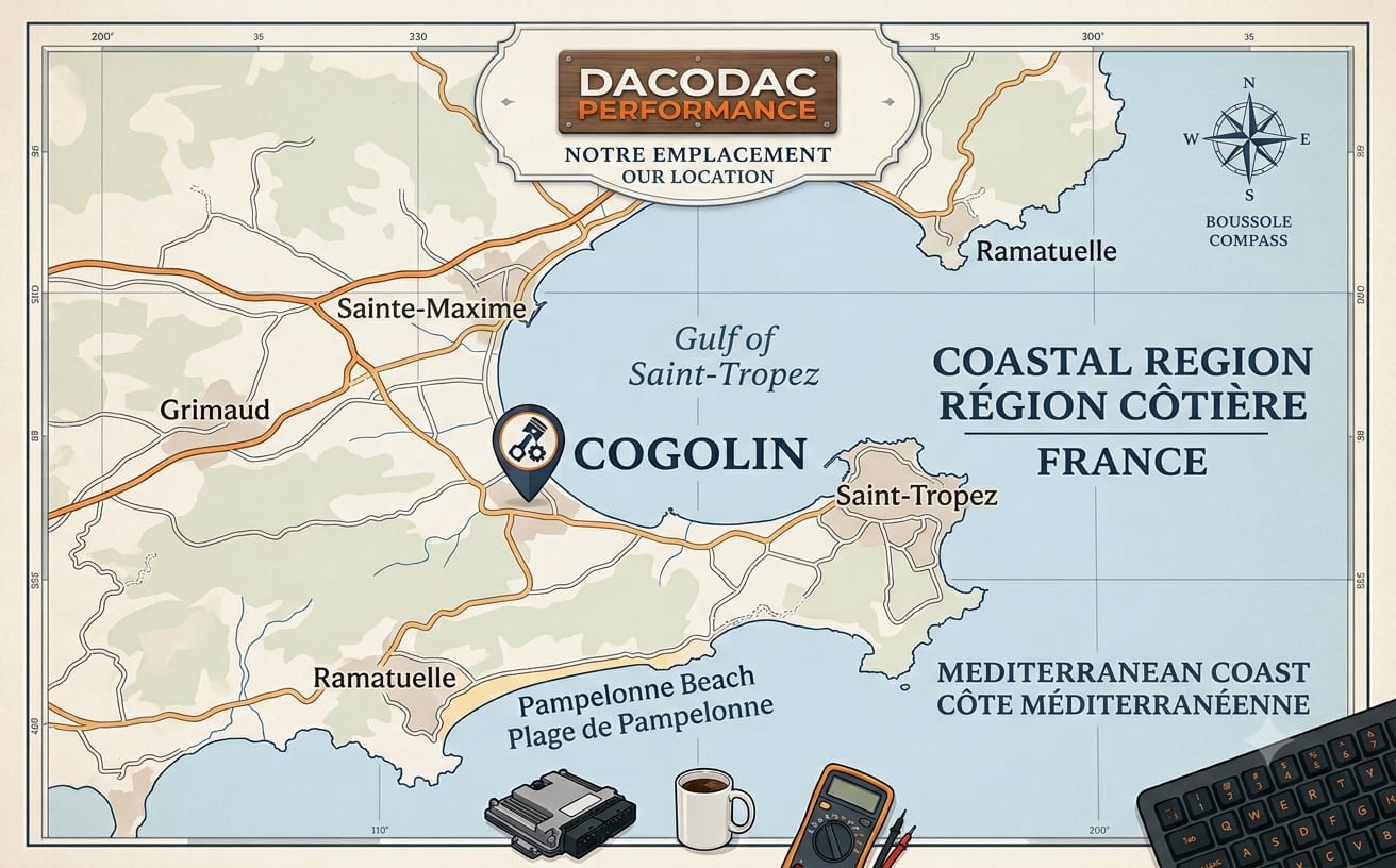 Carte du Golfe de Saint-Tropez situant Dacodac Performance à Cogolin (Var, France)