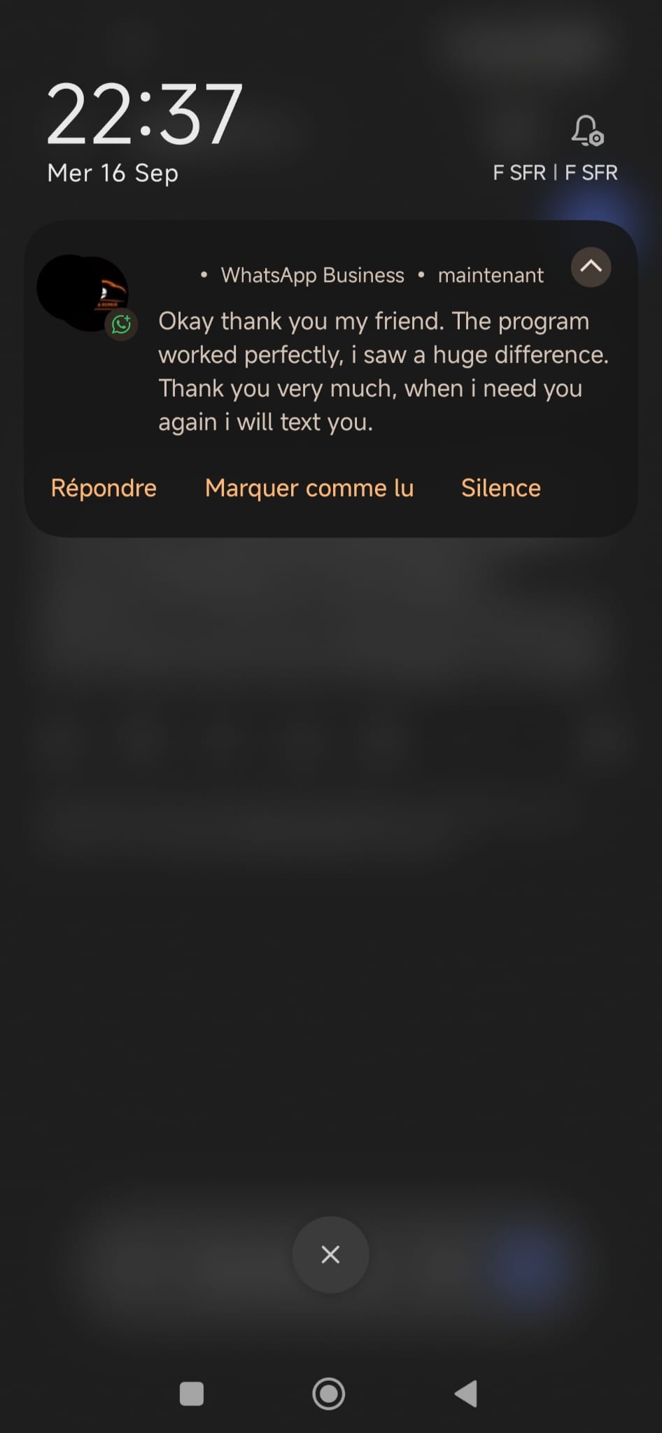 Captură recenzie client WhatsApp