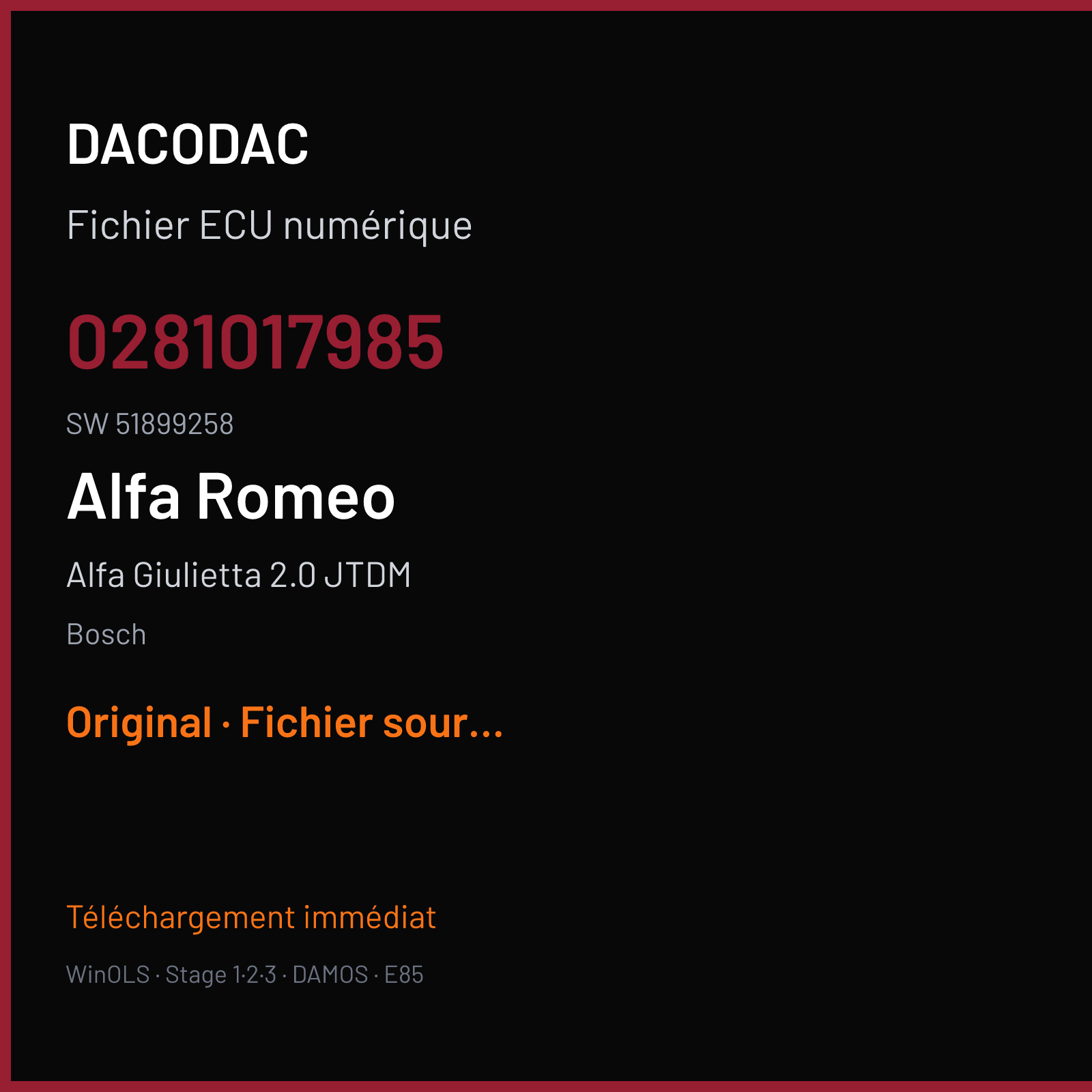 Alfa Giulietta 2.0 JTDM (2011) — Bosch — 0281017985 · 51899258 — Original