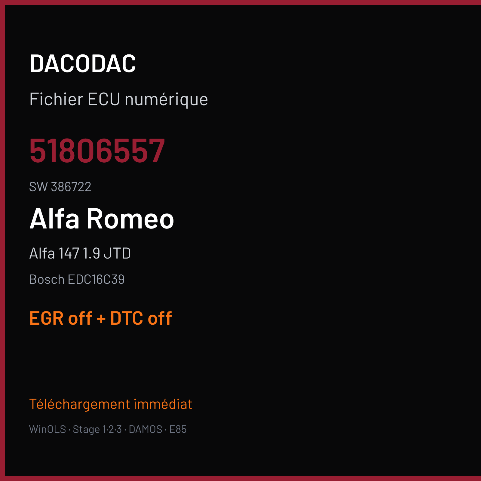 Alfa 147 1.9 JTD — Bosch EDC16C39 — 51806557 · 386722 — EGR off + DTC off