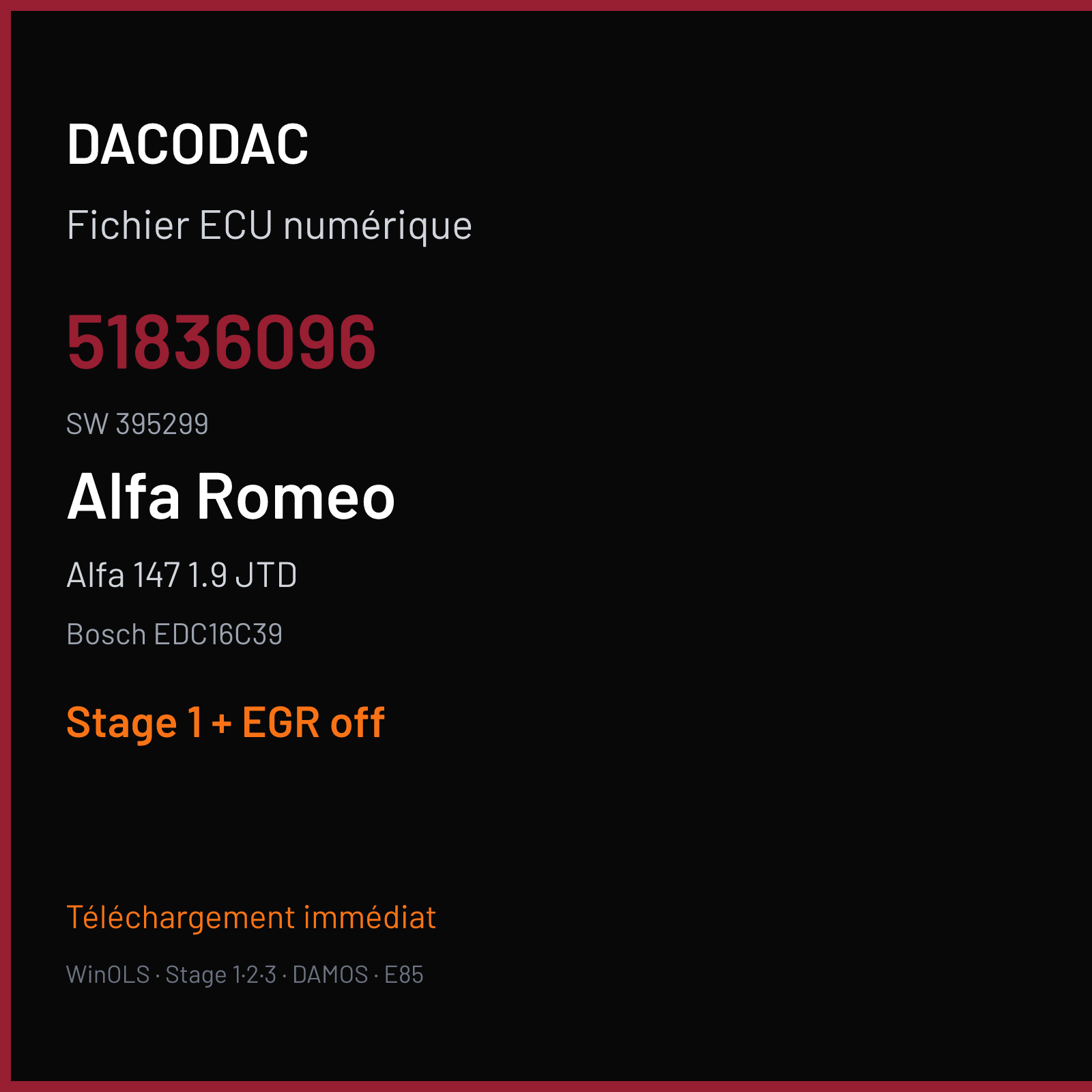Alfa 147 1.9 JTD (2009) — Bosch EDC16C39 — 51836096 · 395299 — Stage 1 + EGR off