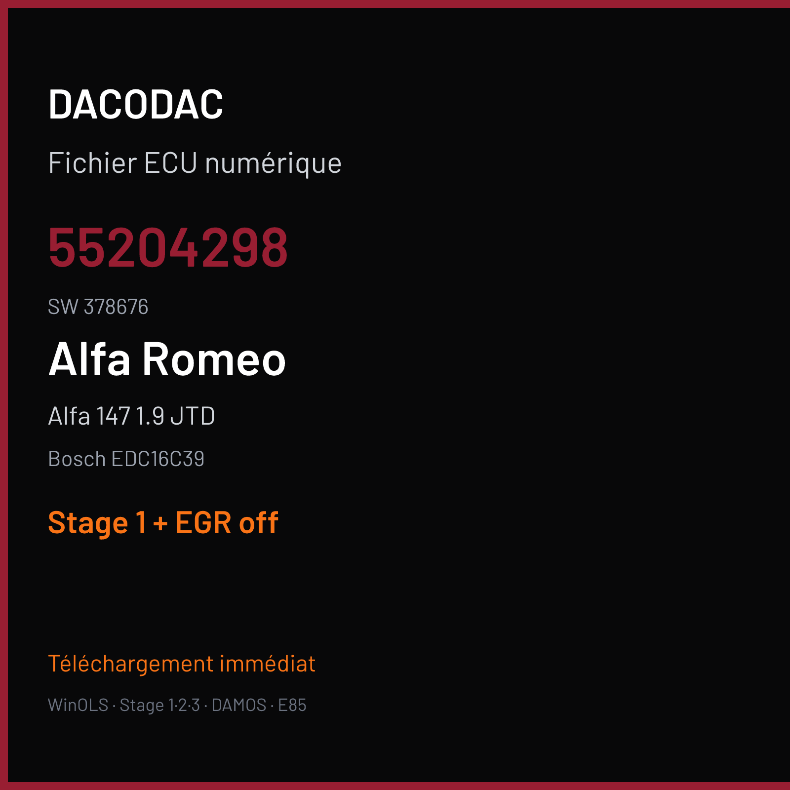Alfa 147 1.9 JTD (2006) — Bosch EDC16C39 — 55204298 · 378676 — Stage 1 + EGR off
