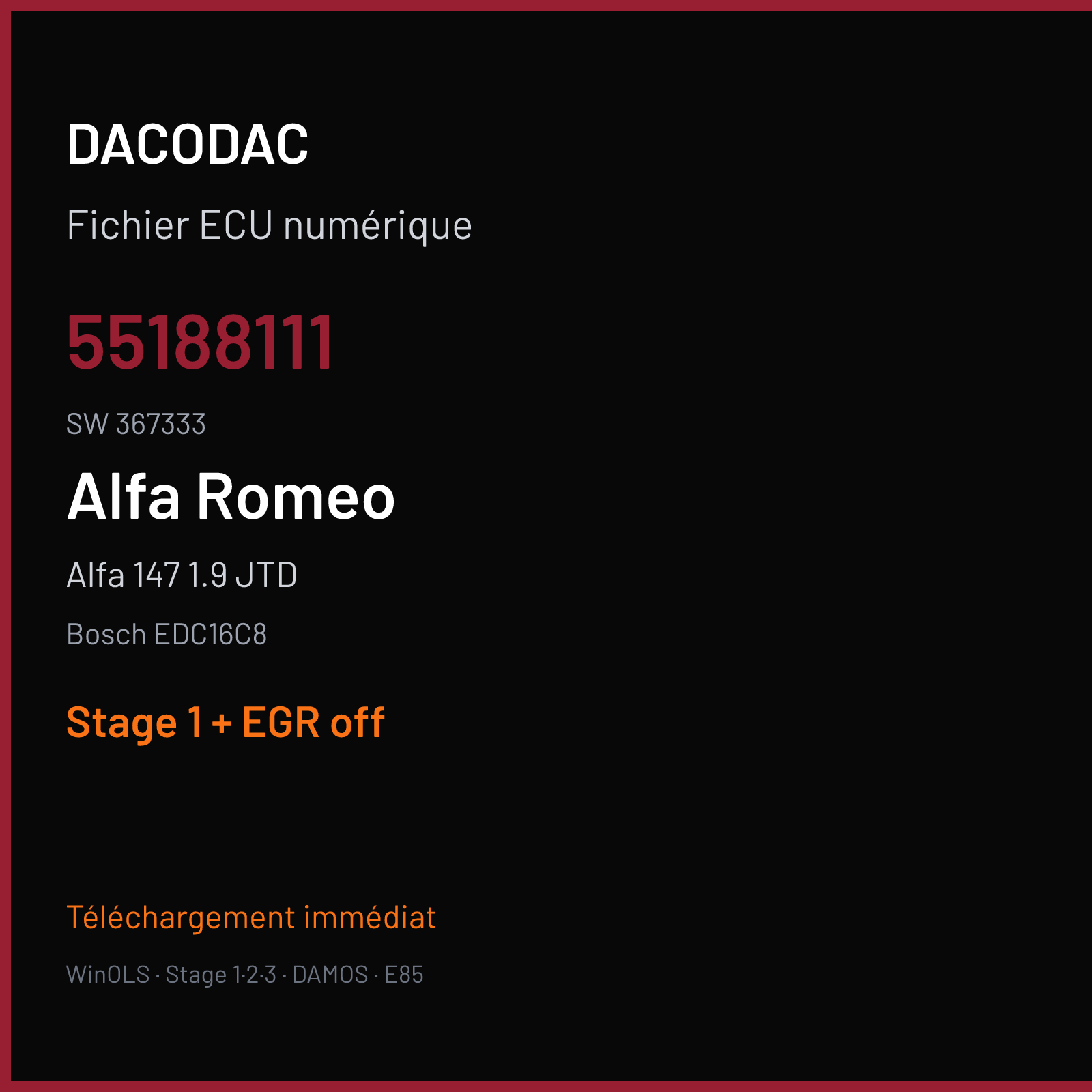 Alfa 147 1.9 JTD — Bosch EDC16C8 — 55188111 · 367333 — Stage 1 + EGR off