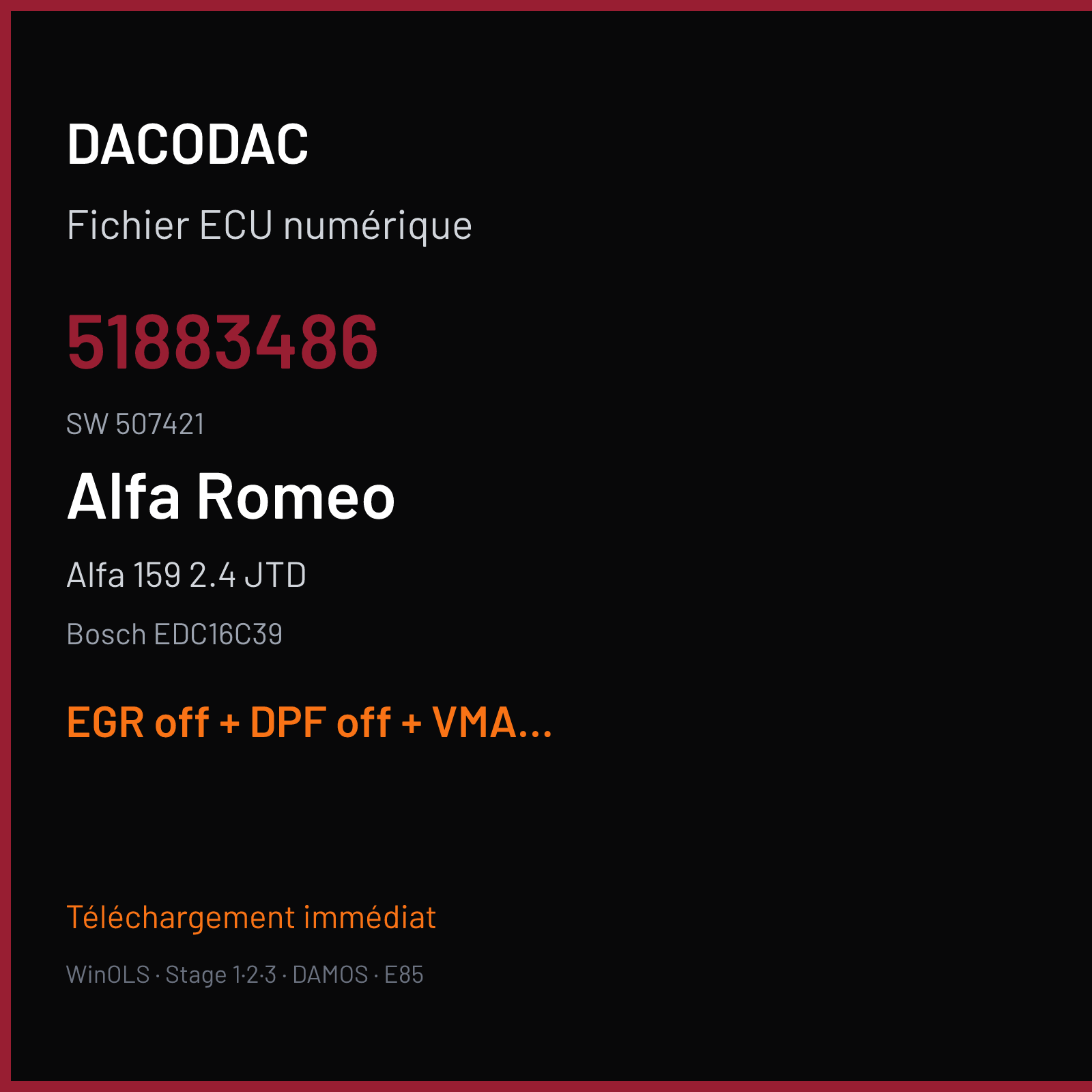 Alfa 159 2.4 JTD (2006) — Bosch EDC16C39 — 51883486 · 507421 — EGR off + DPF off + VMAX off