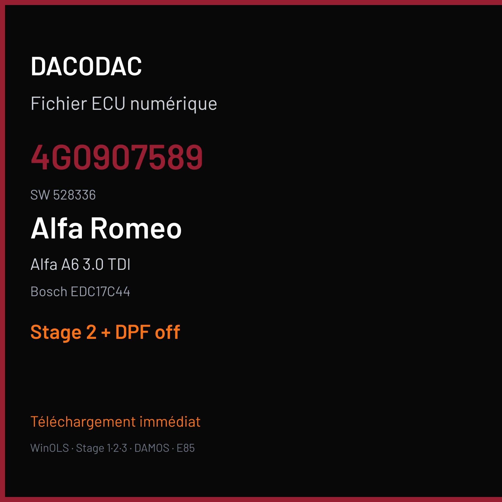 Alfa A6 3.0 TDI (2013) — Bosch EDC17C44 — 4G0907589 · 528336 — Stage 2 + DPF off