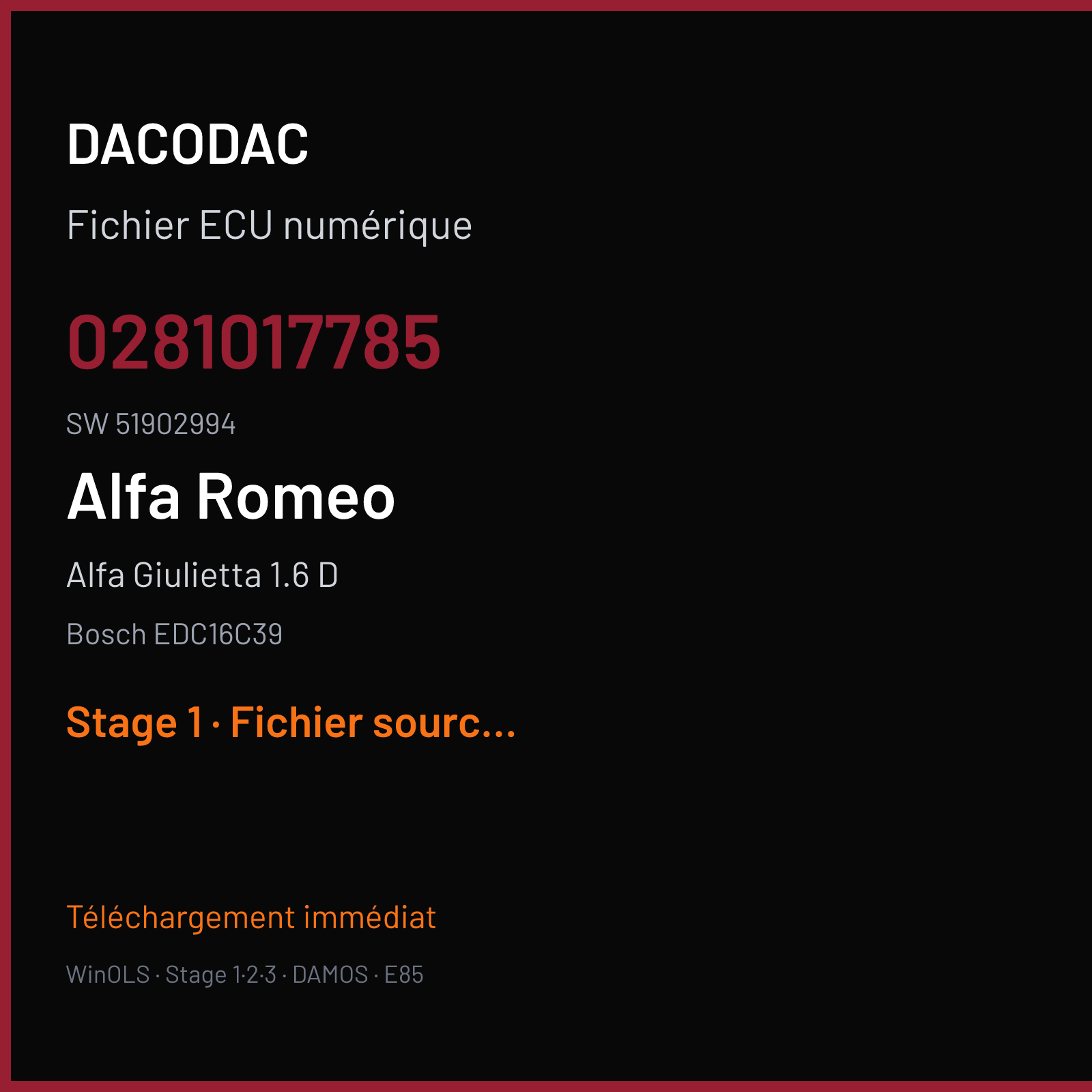 Alfa Giulietta 1.6 D 105 ch (2011) — Bosch EDC16C39 — 0281017785 · 51902994 · 515048 — Stage 1