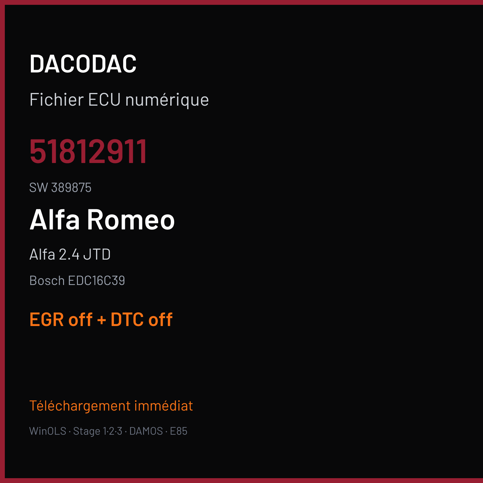 Alfa 2.4 JTD (2005) — Bosch EDC16C39 — 51812911 · 389875 — EGR off + DTC off