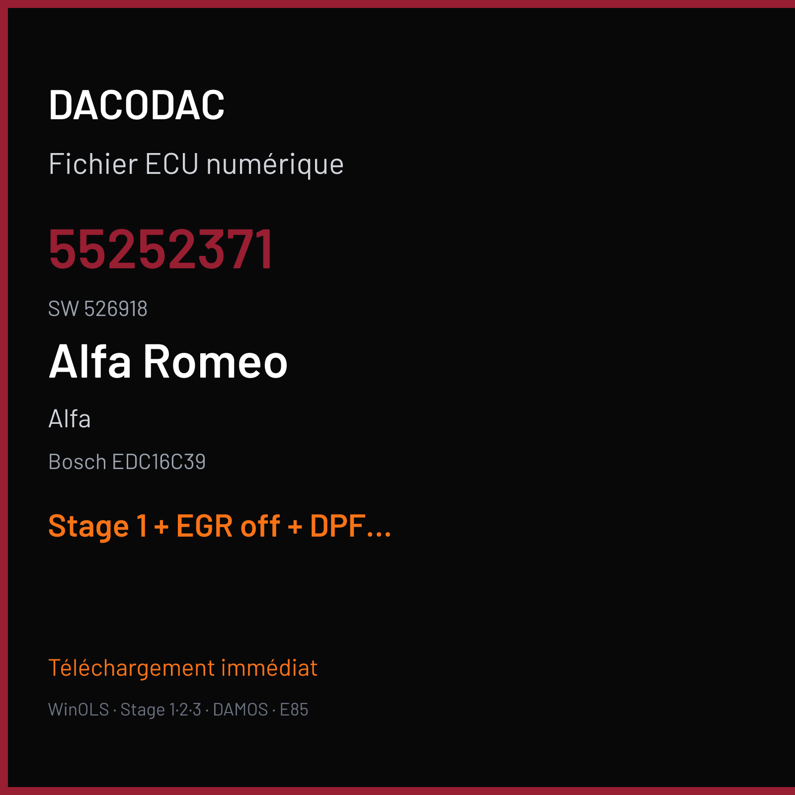 Alfa (2012) — Bosch EDC16C39 — 55252371 · 526918 — Stage 1 + EGR off + DPF off + VMAX off