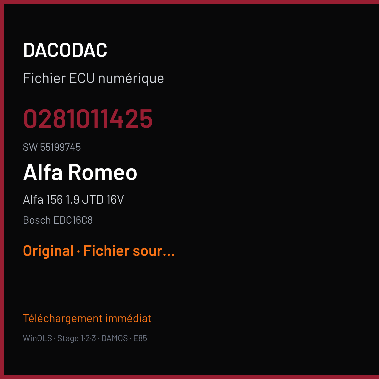 Alfa 156 1.9 JTD 16V 140 ch (2003) — Bosch EDC16C8 — 0281011425 · 55199745 · 369134 — Original