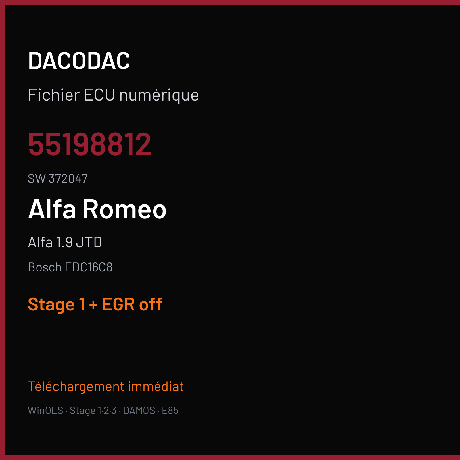 Alfa 1.9 JTD (2005) — Bosch EDC16C8 — 55198812 · 372047 — Stage 1 + EGR off