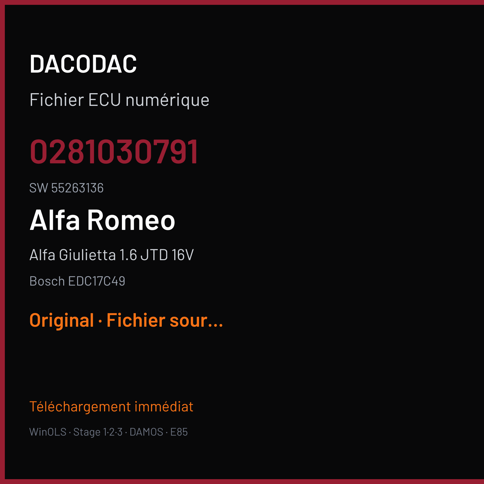 Alfa Giulietta 1.6 JTD 16V 105 ch (2015) — Bosch EDC17C49 — 0281030791 · 55263136 · 542021 — Original