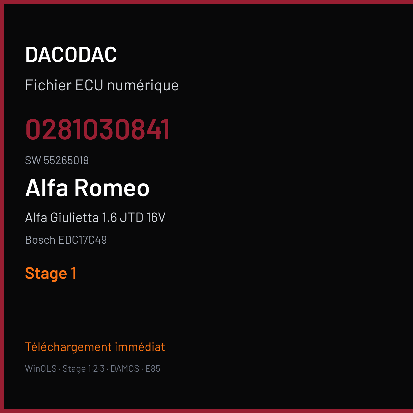 Alfa Giulietta 1.6 JTD 16V 105 ch (2015) — Bosch EDC17C49 — 0281030841 · 55265019 · 544627 — Stage 1