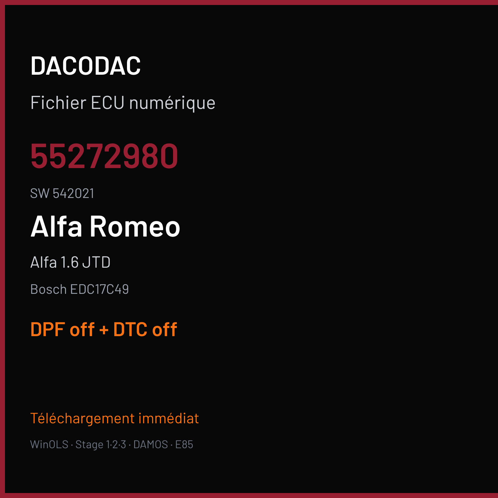 Alfa 1.6 JTD (2015) — Bosch EDC17C49 — 55272980 · 542021 — DPF off + DTC off