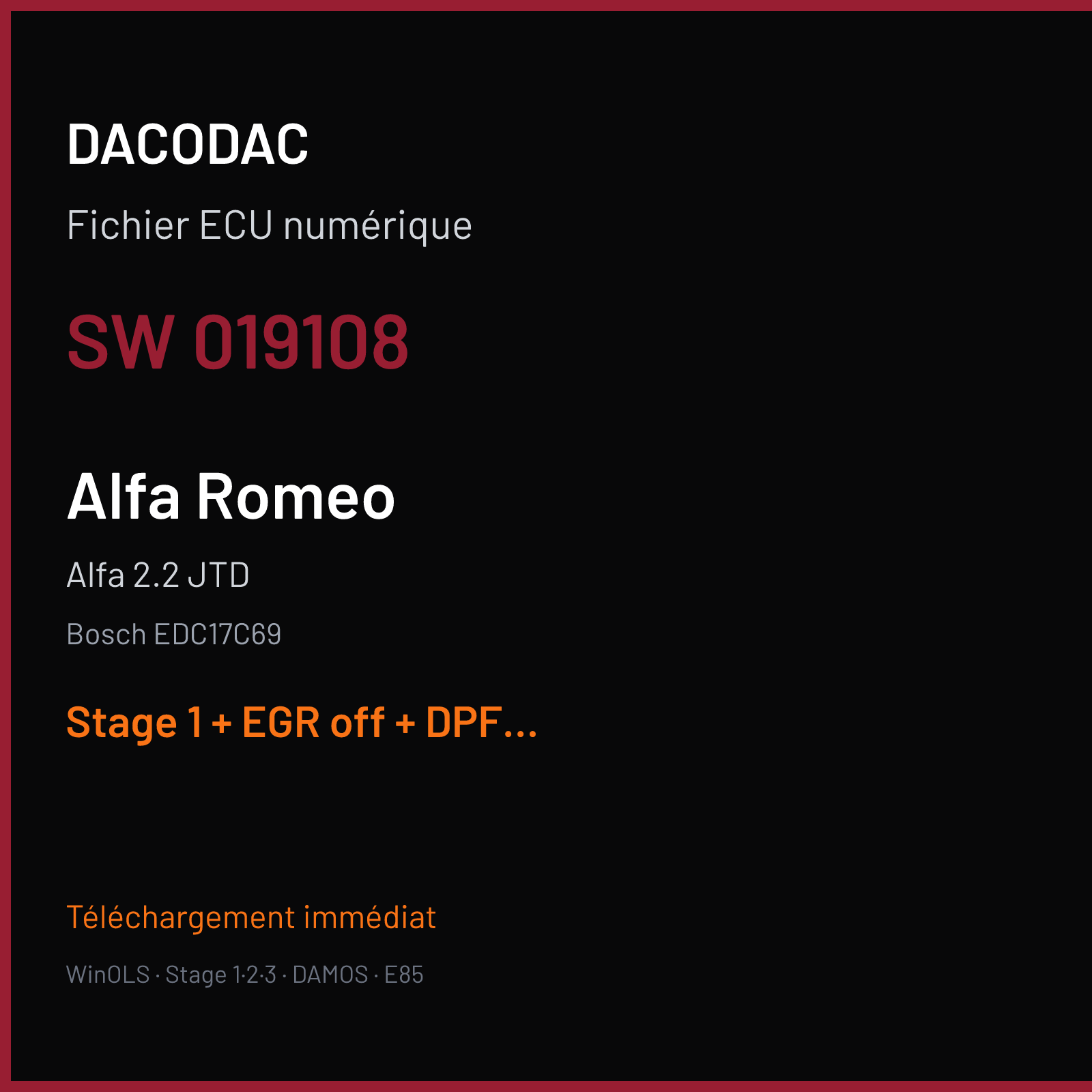 Alfa 2.2 JTD (2017) — Bosch EDC17C69 — 019108 — Stage 1 + EGR off + DPF off