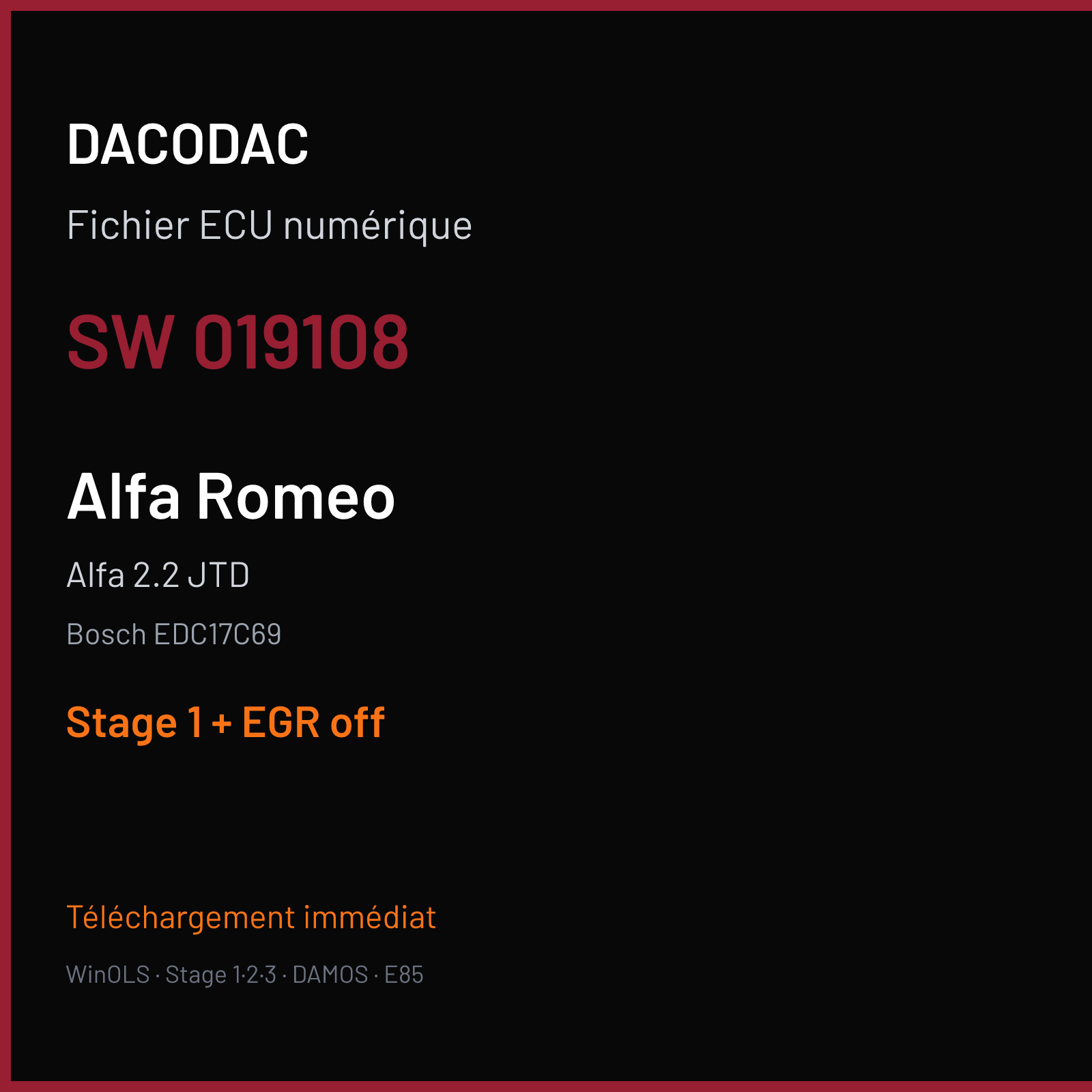Alfa 2.2 JTD (2017) — Bosch EDC17C69 — 019108 — Stage 1 + EGR off