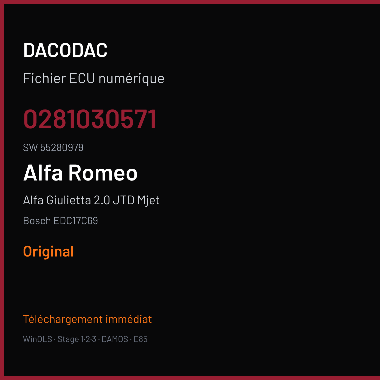 Alfa Giulietta 2.0 JTD Mjet 175 ch (2015) — Bosch EDC17C69 — 0281030571 · 55280979 · 561644 — Original