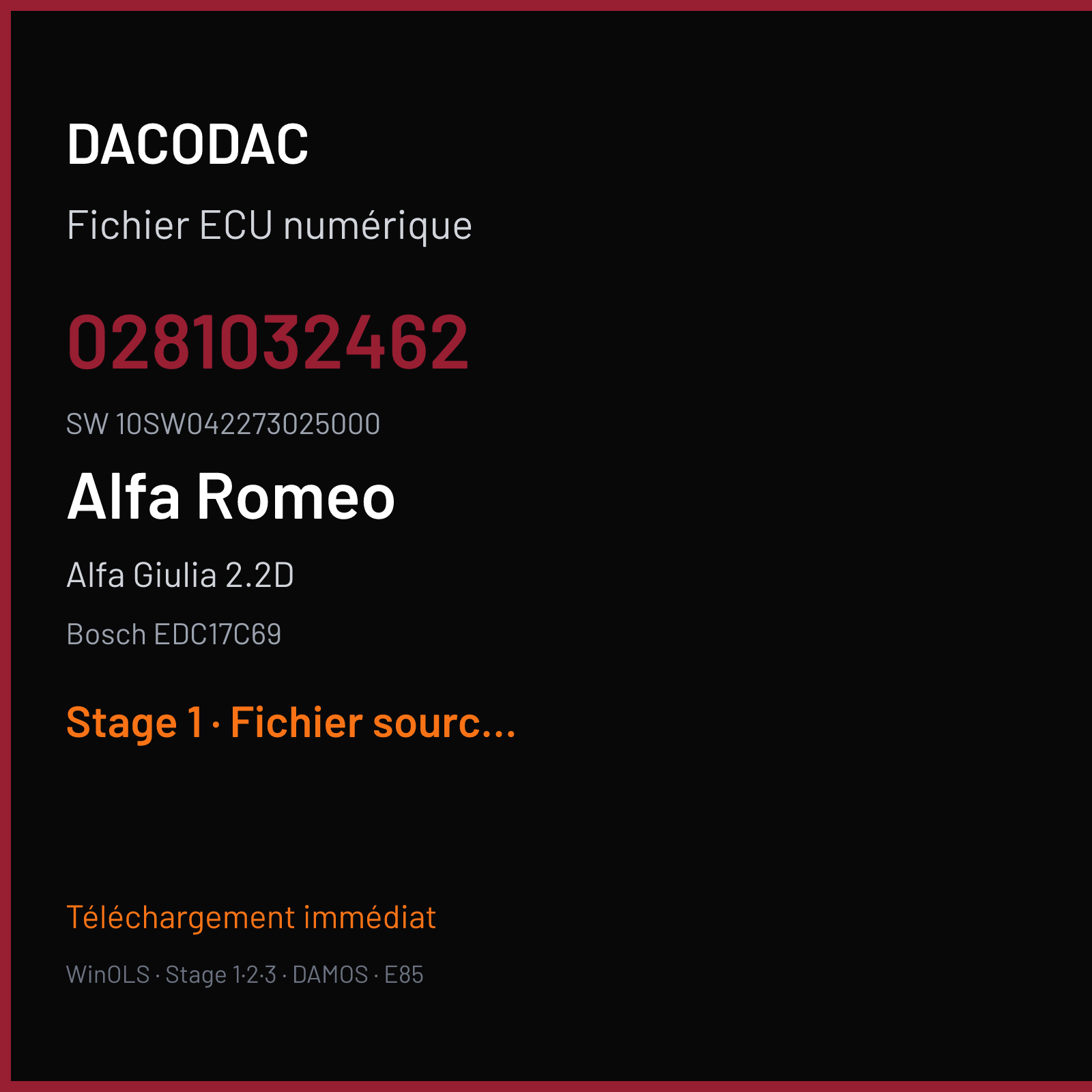 Alfa Giulia 2.2D 210 ch (2019) — Bosch EDC17C69 — 0281032462 · 10SW042273025000 · 042273 — Stage 1