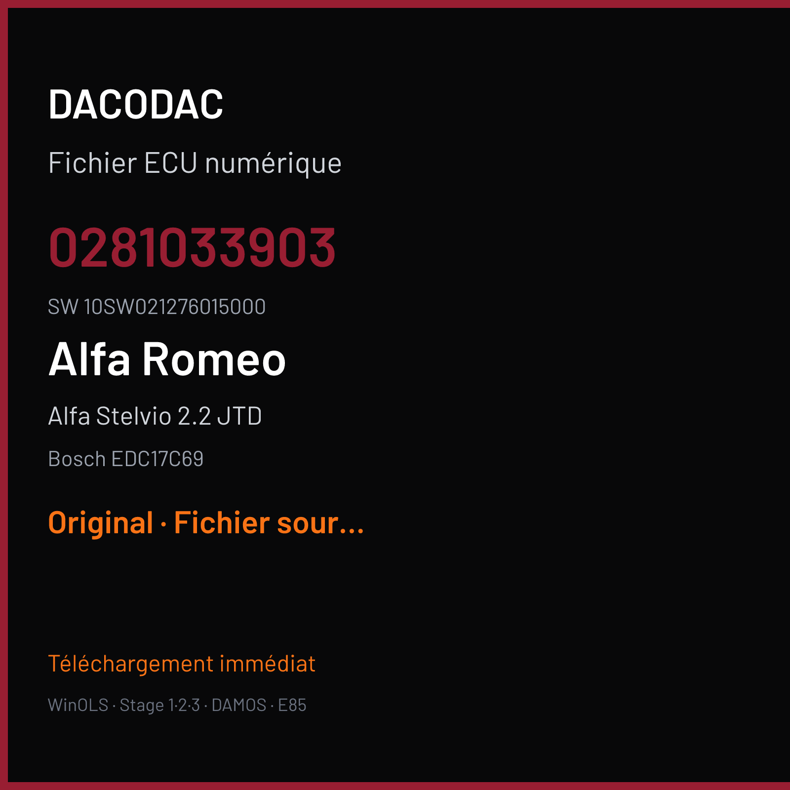 Alfa Stelvio 2.2 JTD 210 ch (2018) — Bosch EDC17C69 — 0281033903 · 10SW021276015000 · 021276 — Original