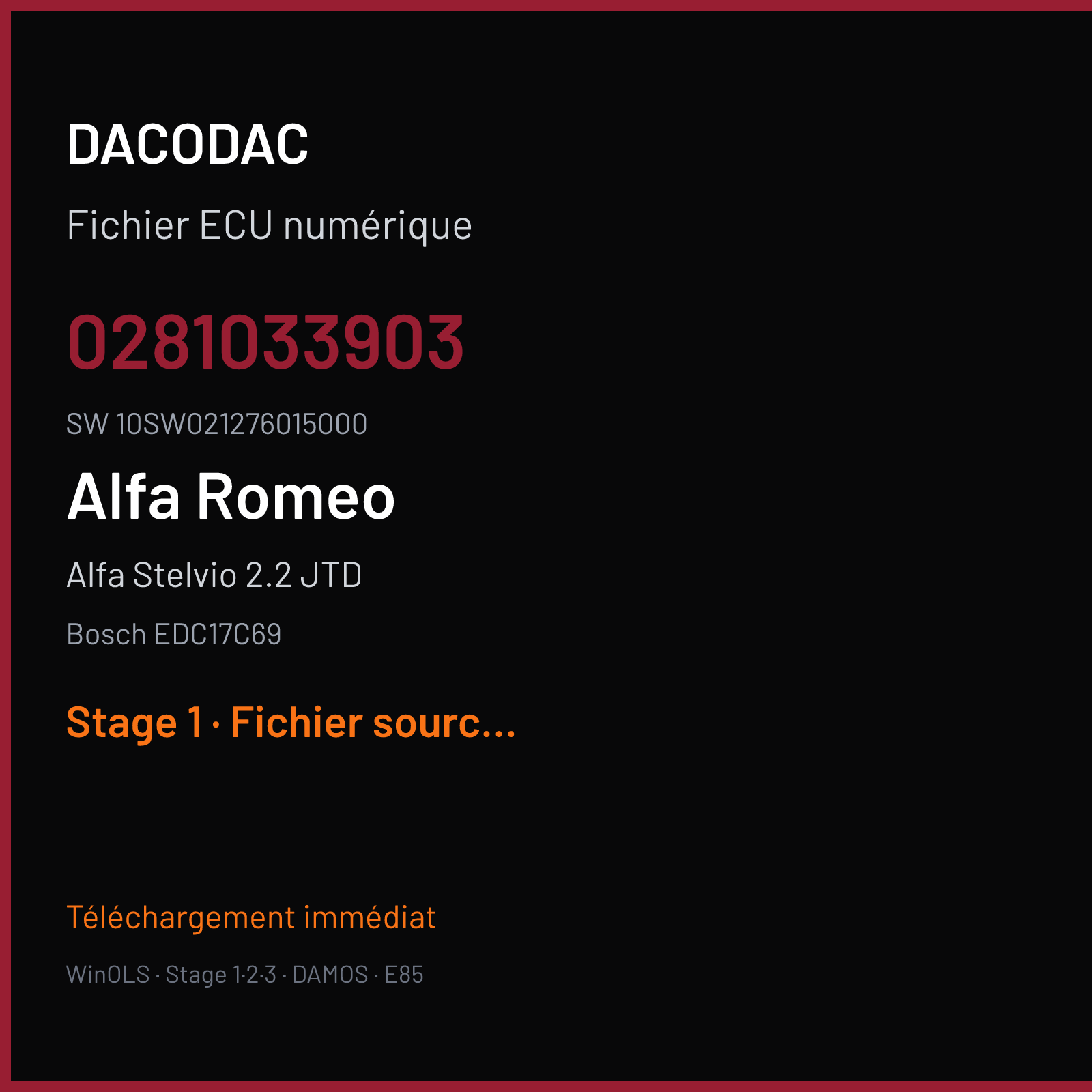 Alfa Stelvio 2.2 JTD 210 ch (2018) — Bosch EDC17C69 — 0281033903 · 10SW021276015000 · 021276 — Stage 1