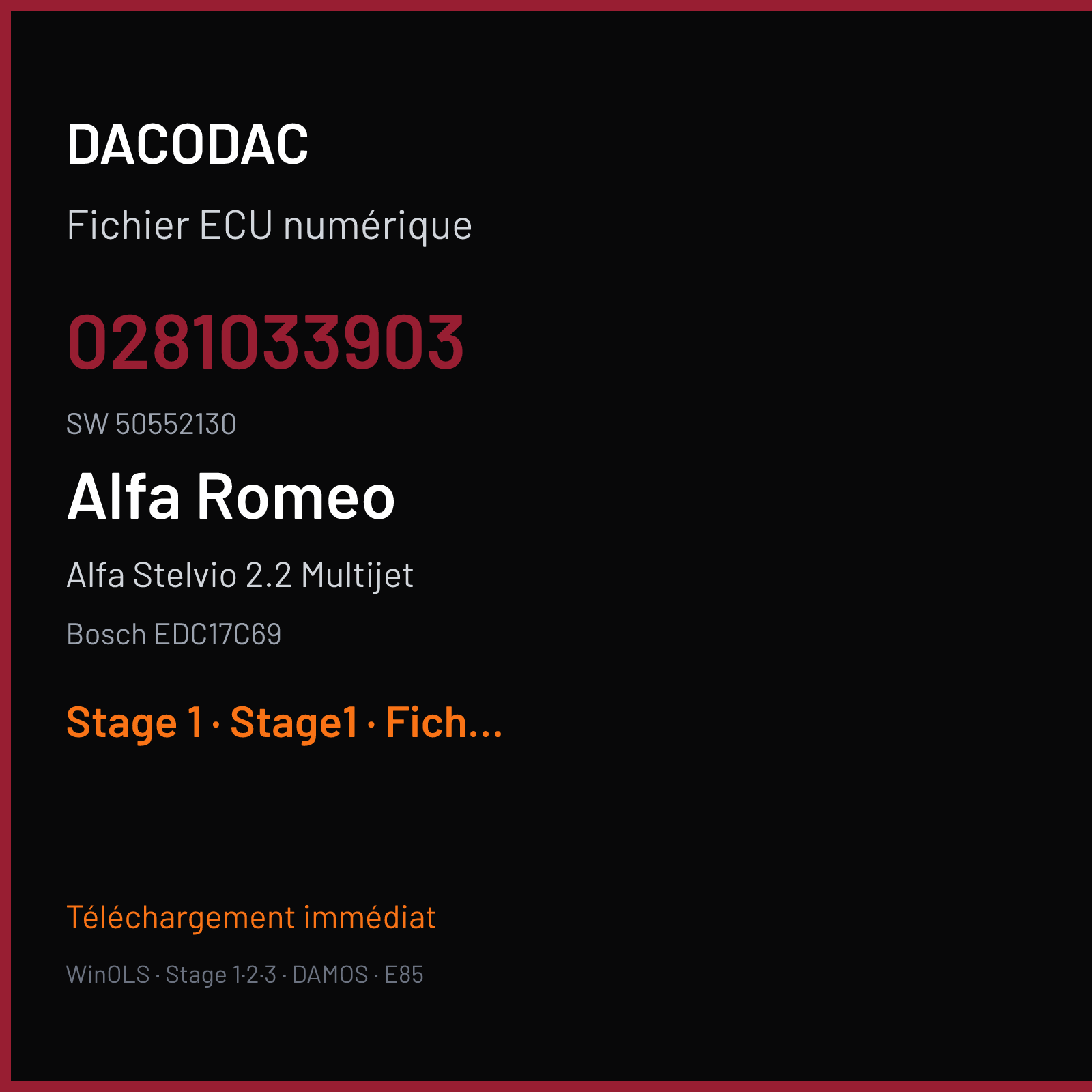 Alfa Stelvio 2.2 Multijet 180 ch (2017) — Bosch EDC17C69 — 0281033903 · 50552130 · 10SW021588 1619G141 — Stage 1