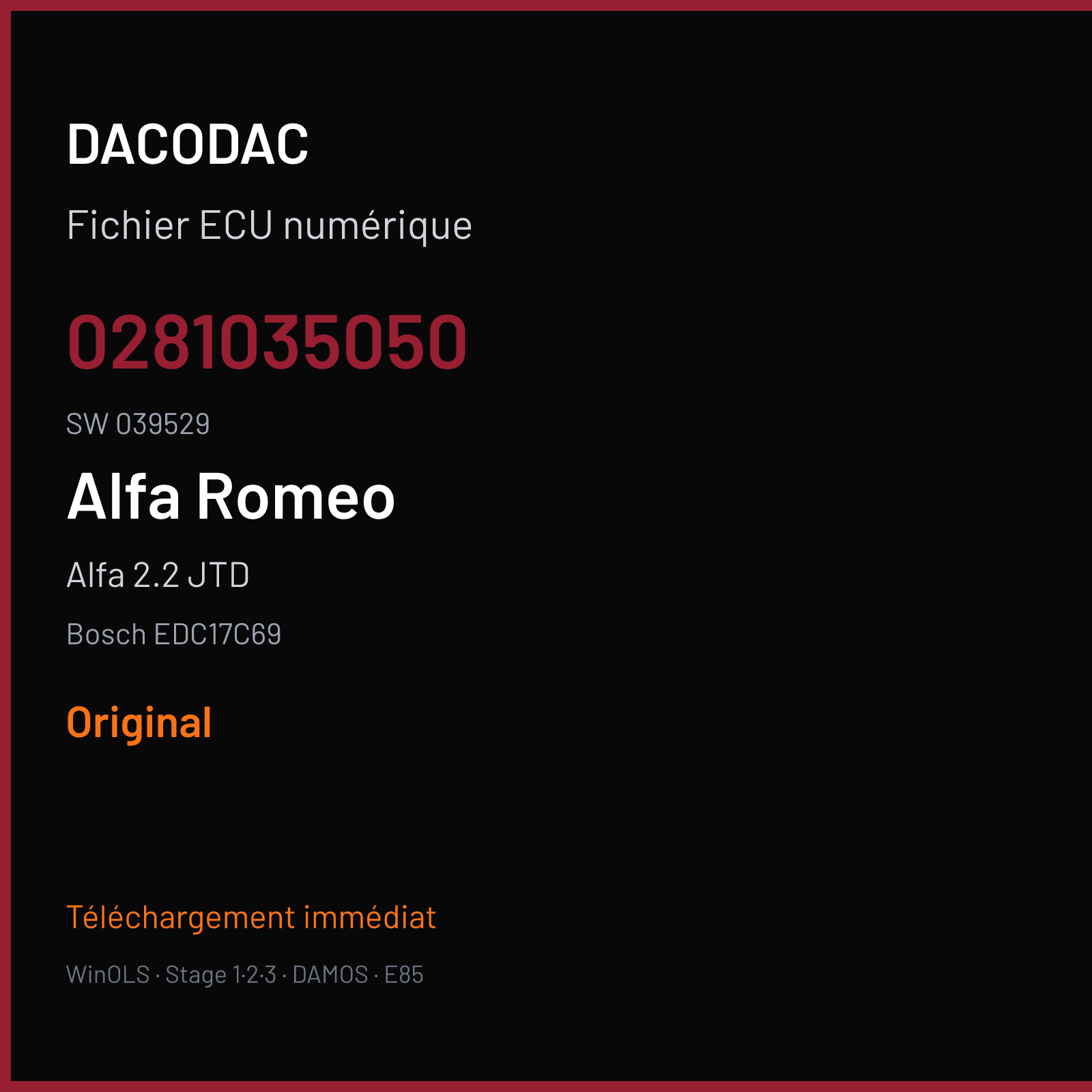 Alfa 2.2 JTD (2019) — Bosch EDC17C69 — 0281035050 · 039529 — Original
