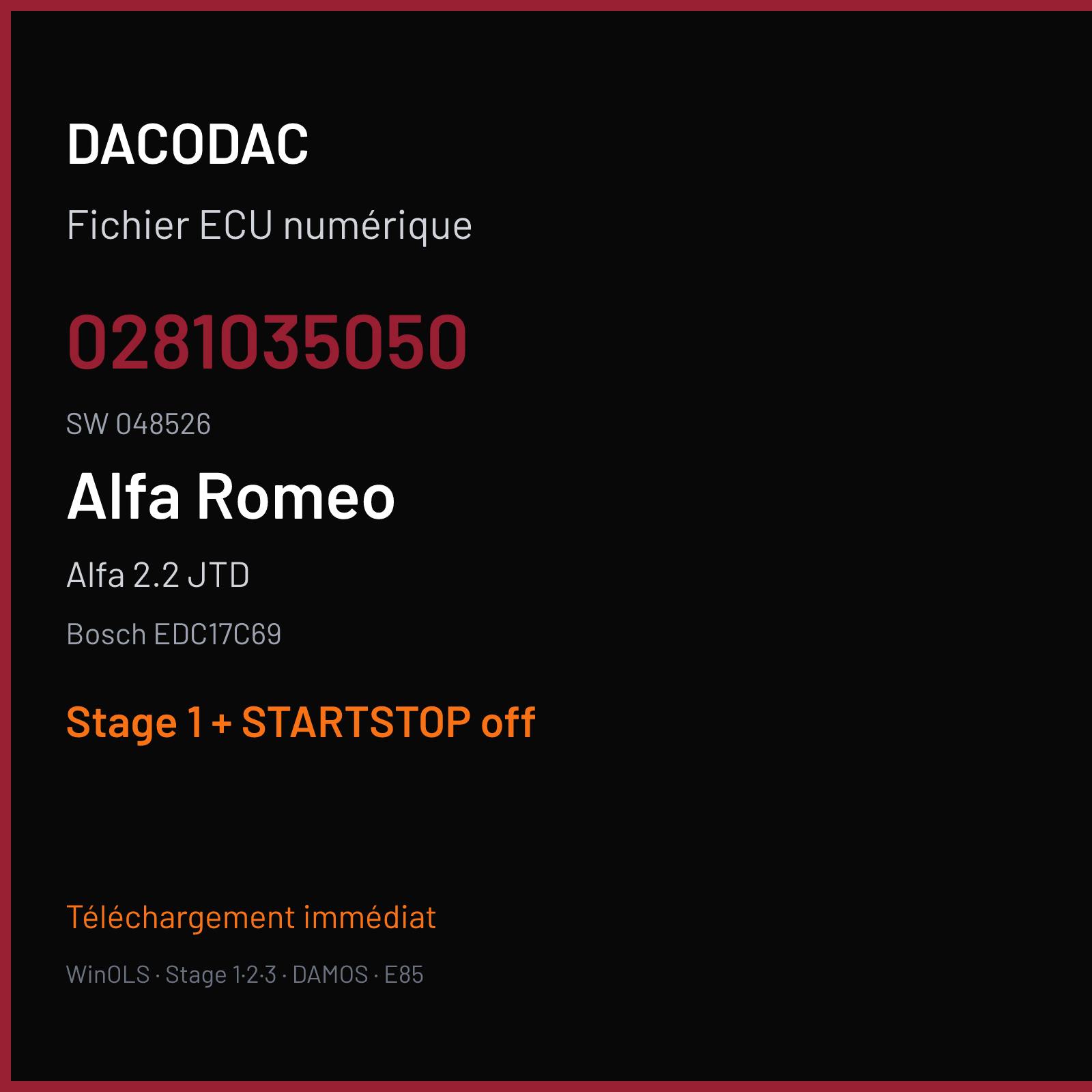 Alfa 2.2 JTD (2019) — Bosch EDC17C69 — 0281035050 · 048526 — Stage 1 + STARTSTOP off