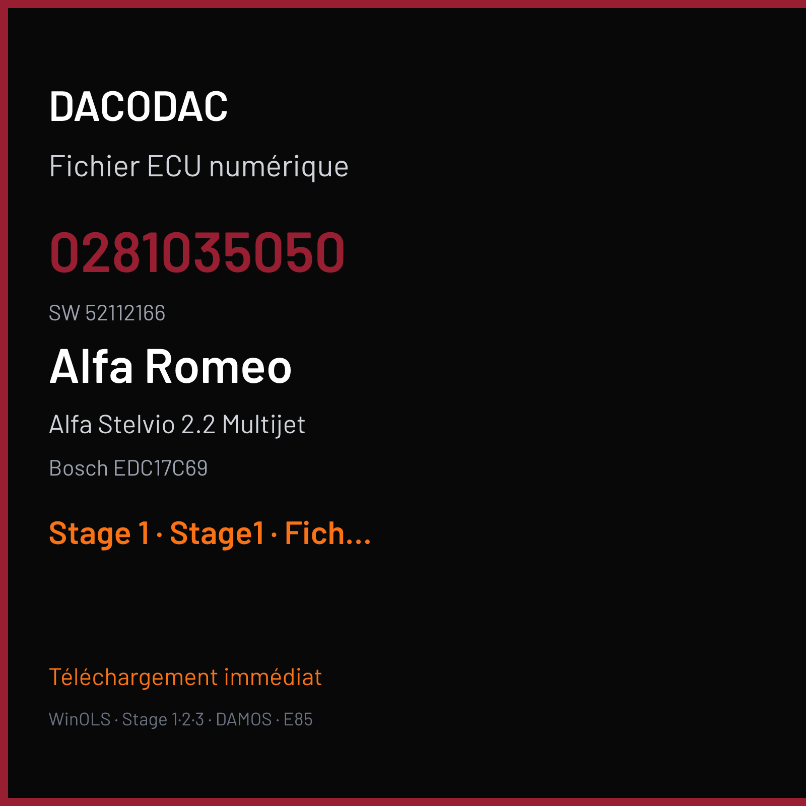 Alfa Stelvio 2.2 Multijet 210 ch (2020) — Bosch EDC17C69 — 0281035050 · 52112166 · 10SW066842 1619G1A0 — Stage 1