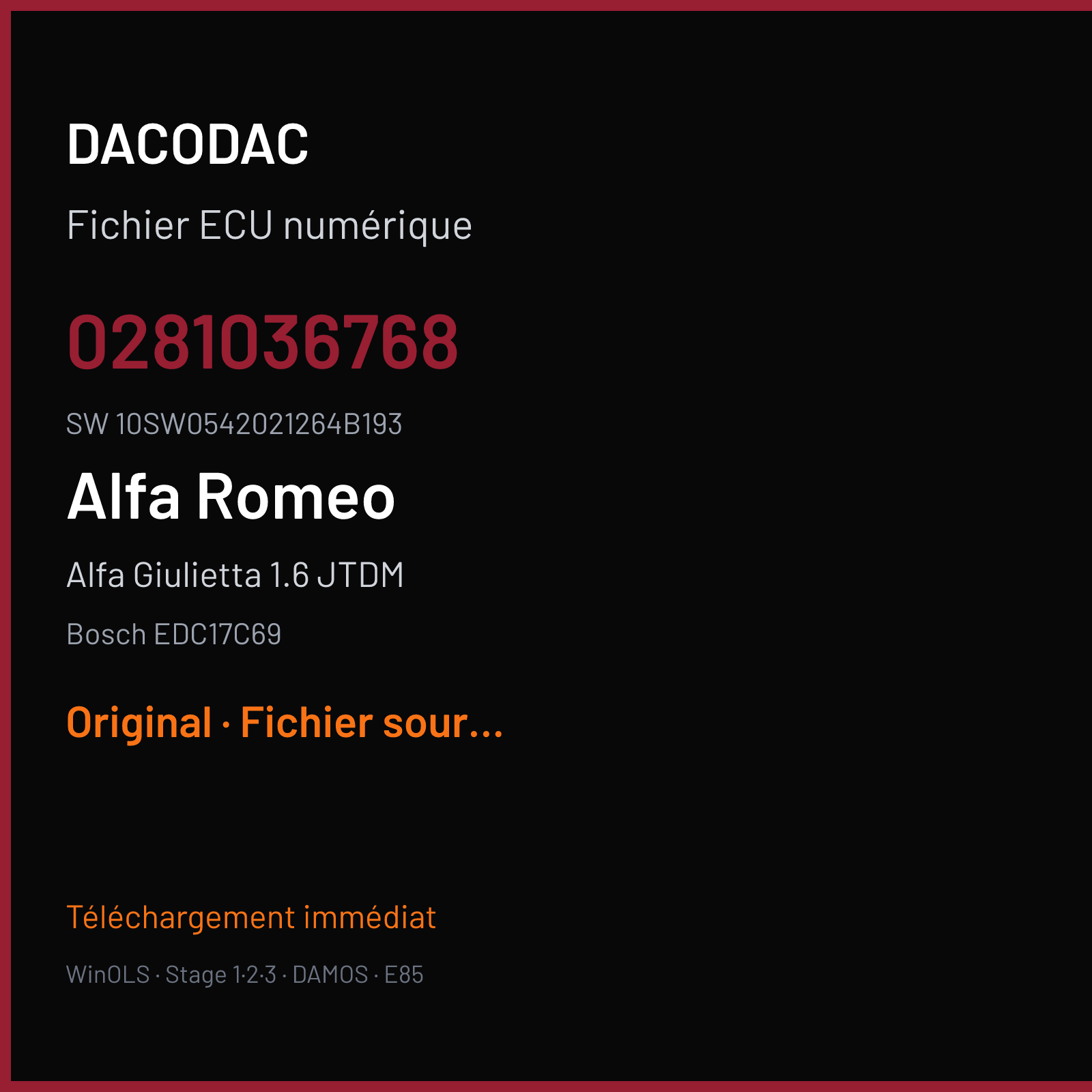 Alfa Giulietta 1.6 JTDM 120 ch (2019) — Bosch EDC17C69 — 0281036768 · 10SW0542021264B193 · 053494 — Original
