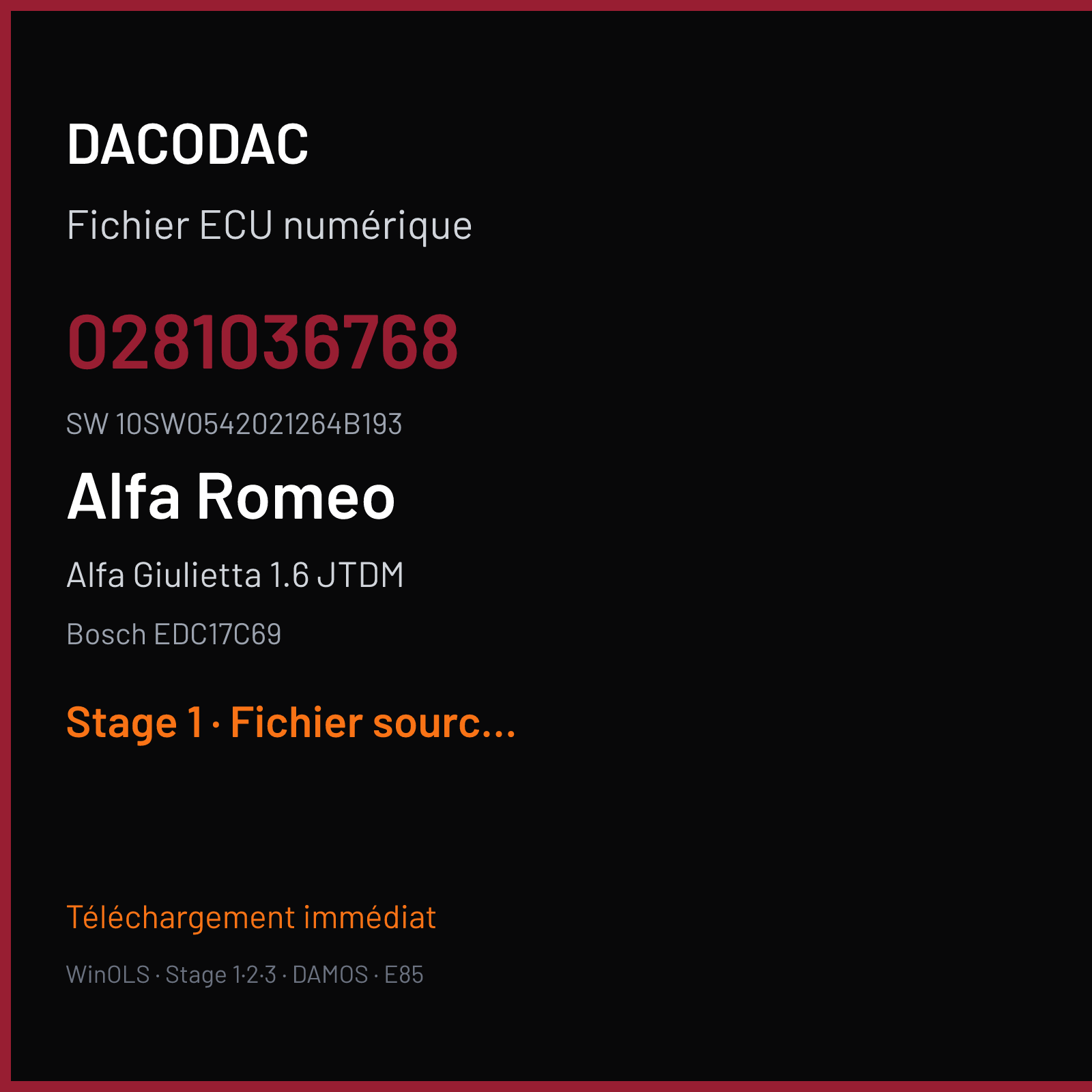 Alfa Giulietta 1.6 JTDM 120 ch (2019) — Bosch EDC17C69 — 0281036768 · 10SW0542021264B193 · 053494 — Stage 1