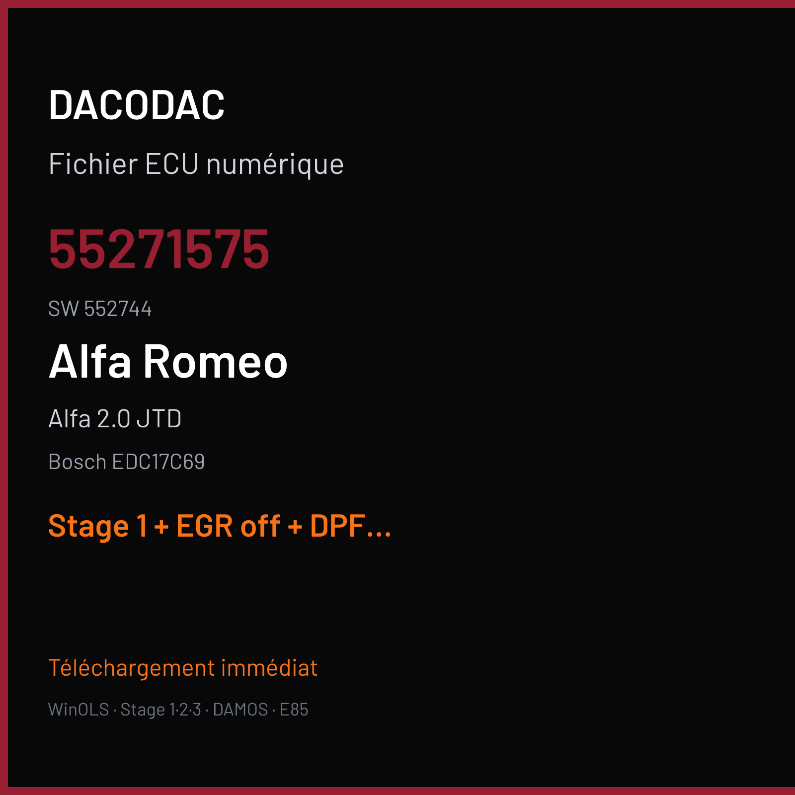 Alfa 2.0 JTD (2015) — Bosch EDC17C69 — 55271575 · 552744 — Stage 1 + EGR off + DPF off