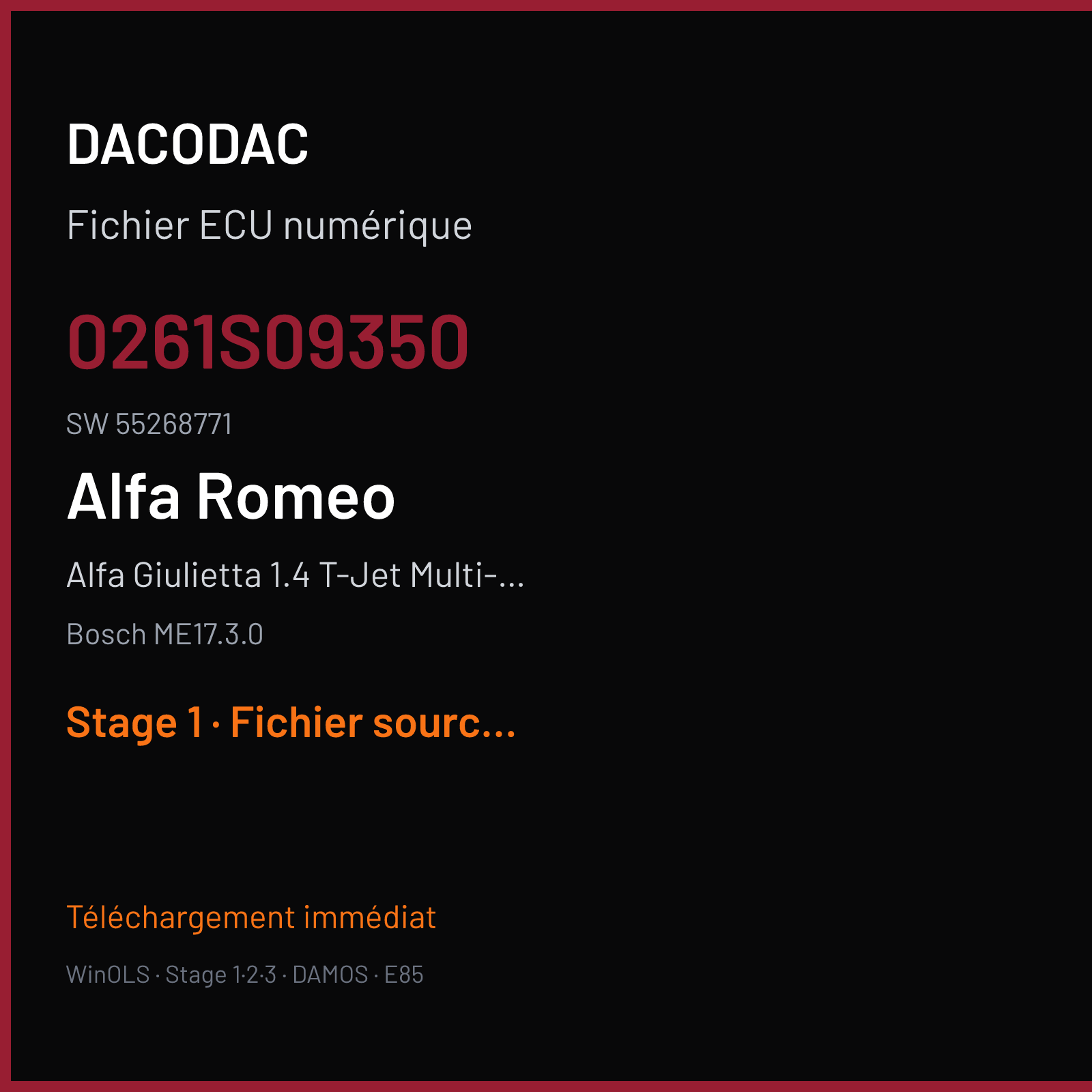 Alfa Giulietta 1.4 T-Jet Multi-Air 120 ch (2015) — Bosch ME17.3.0 — 0261S09350 · 55268771 · 552428 — Stage 1