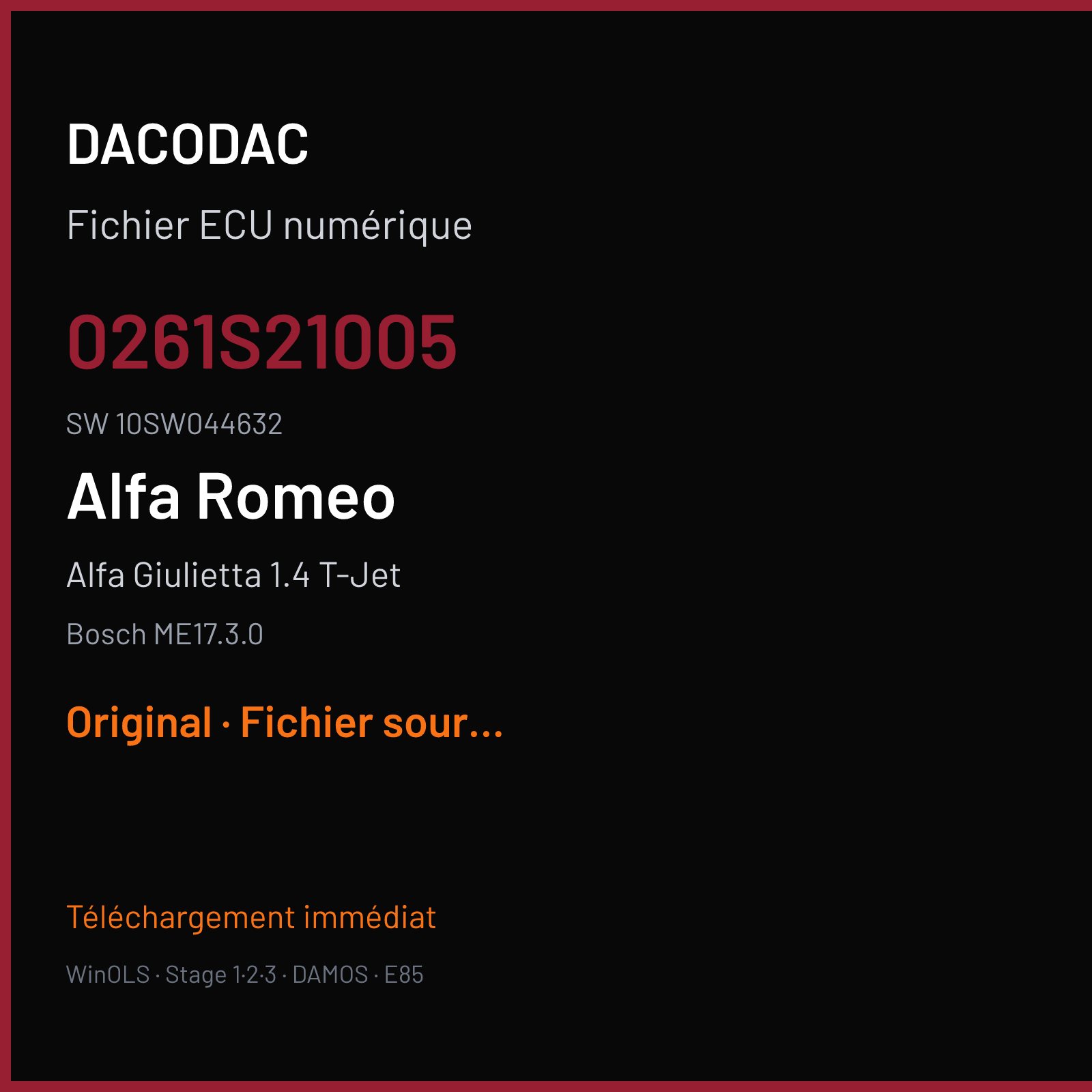 Alfa Giulietta 1.4 T-Jet 120 ch (2019) — Bosch ME17.3.0 — 0261S21005 · 10SW044632 · 044632 — Original