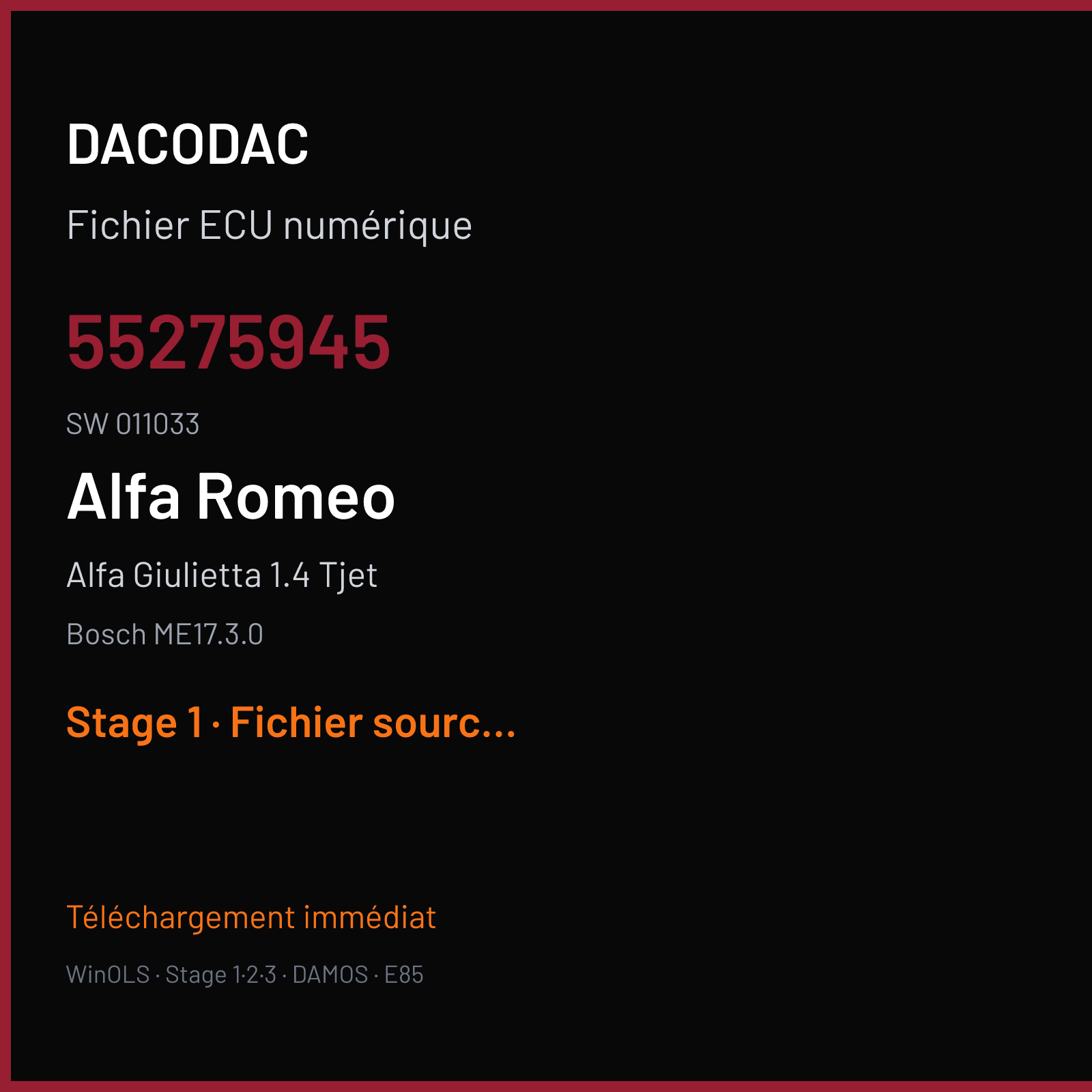 Alfa Giulietta 1.4 Tjet (2014) — Bosch ME17.3.0 — 55275945 · 011033 — Stage 1