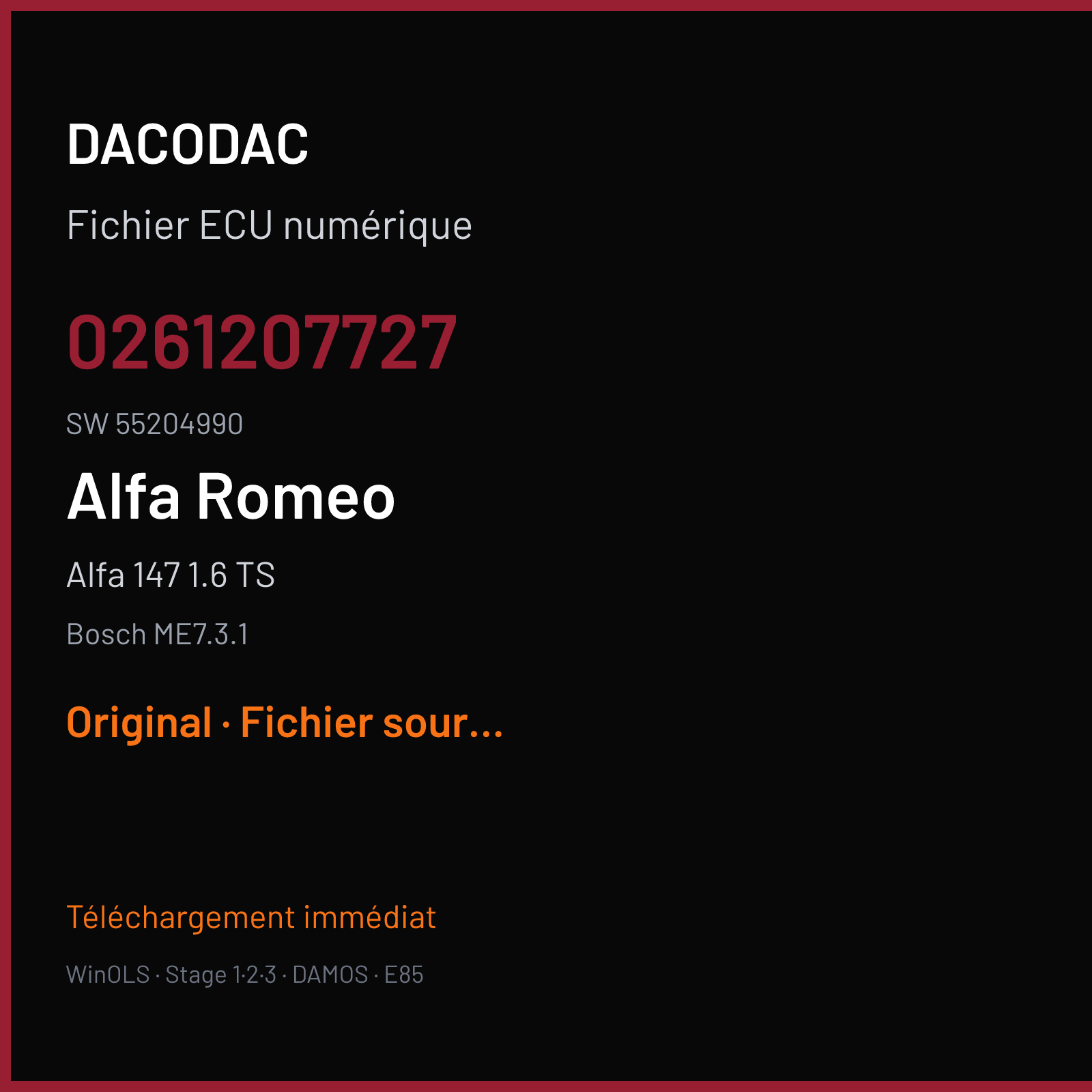 Alfa 147 1.6 TS 105 ch (2002) — Bosch ME7.3.1 — 0261207727 · 55204990 · 1037378169 — Original