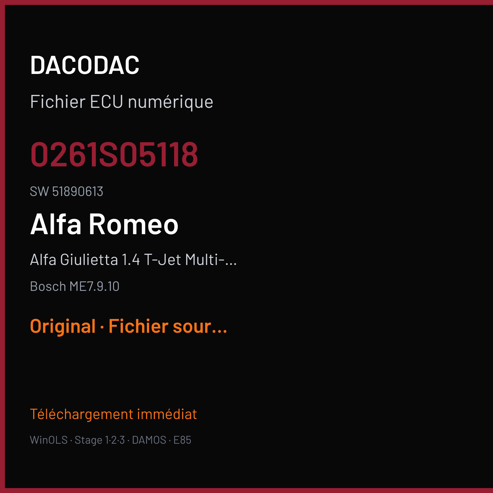 Alfa Giulietta 1.4 T-Jet Multi-Air 120 ch (2012) — Bosch ME7.9.10 — 0261S05118 · 51890613 · 510422 — Original