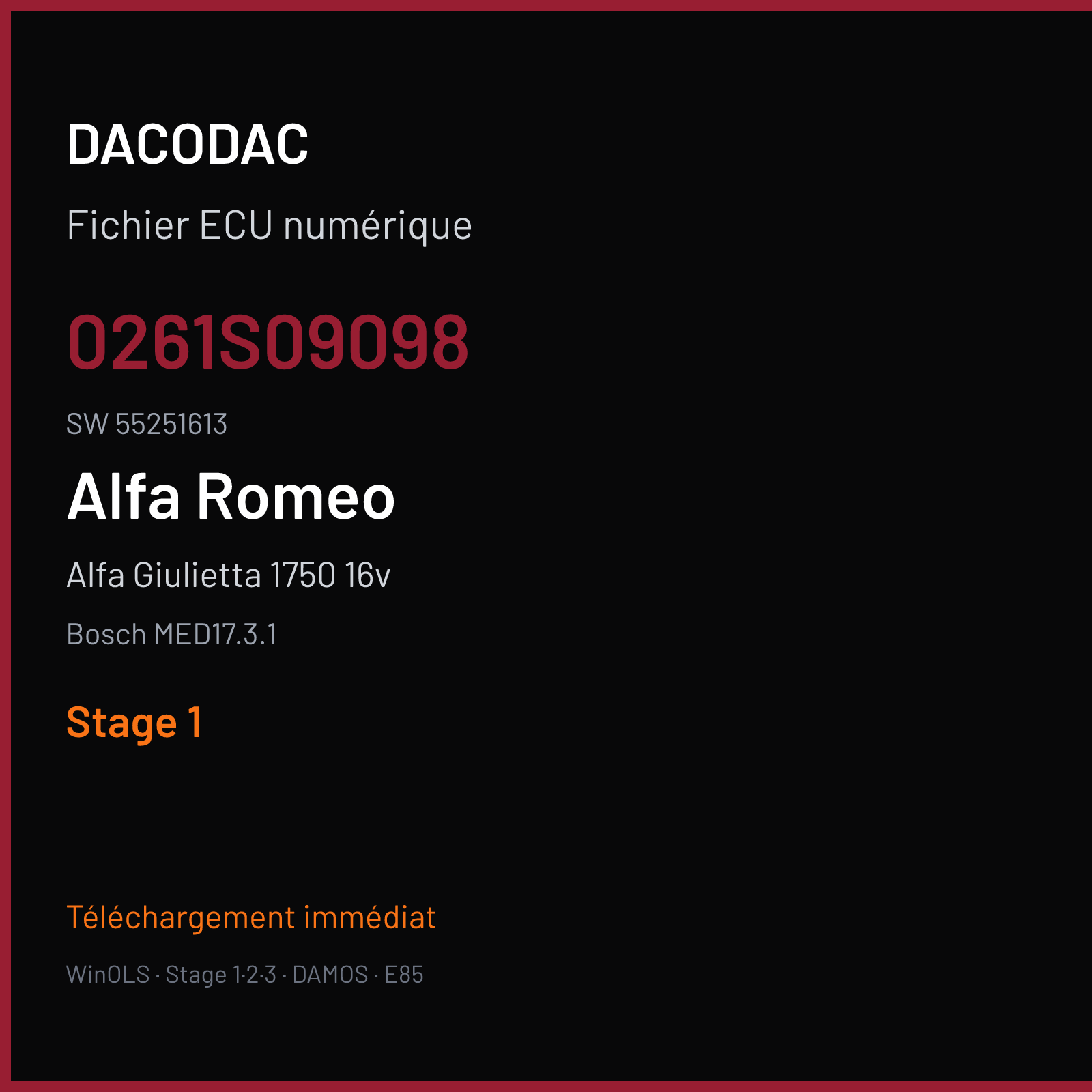 Alfa Giulietta 1750 16v 240 ch (2014) — Bosch MED17.3.1 — 0261S09098 · 55251613 · 544425 — Stage 1