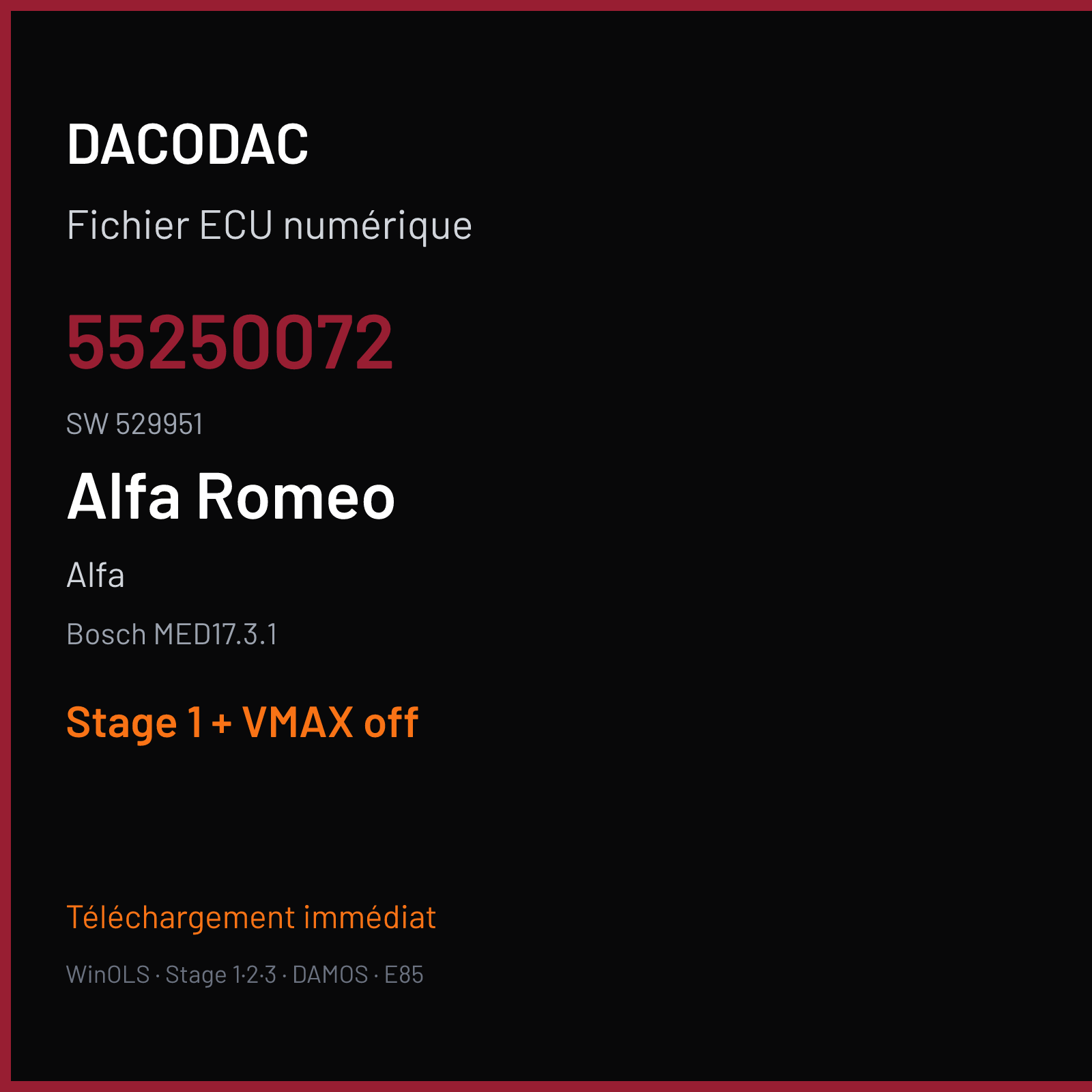 Alfa (2011) — Bosch MED17.3.1 — 55250072 · 529951 — Stage 1 + VMAX off