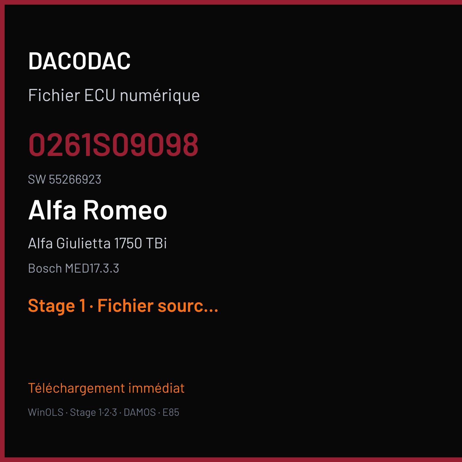 Alfa Giulietta 1750 TBi 235 ch (2014) — Bosch MED17.3.3 — 0261S09098 · 55266923 · 547725 — Stage 1
