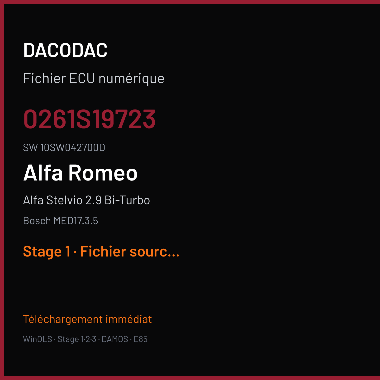 Alfa Stelvio 2.9 Bi-Turbo 510 ch (2018) — Bosch MED17.3.5 — 0261S19723 · 10SW042700D · 042700 — Stage 1