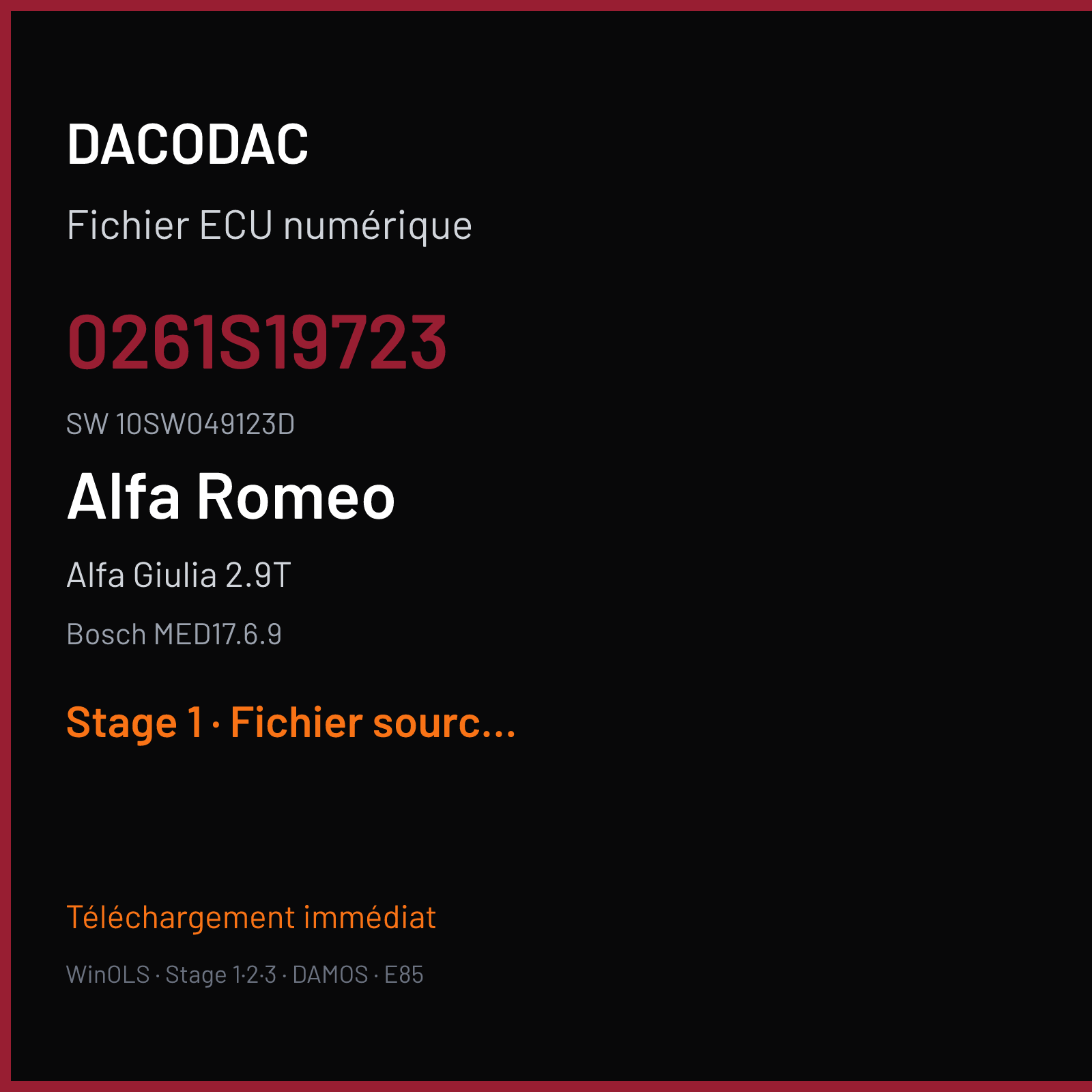 Alfa Giulia 2.9T 510 ch (2019) — Bosch MED17.6.9 — 0261S19723 · 10SW049123D · 049123 — Stage 1
