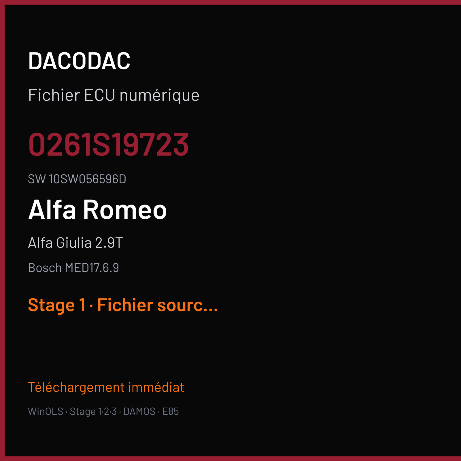 Alfa Giulia 2.9T 510 ch (2020) — Bosch MED17.6.9 — 0261S19723 · 10SW056596D · 056596 — Stage 1