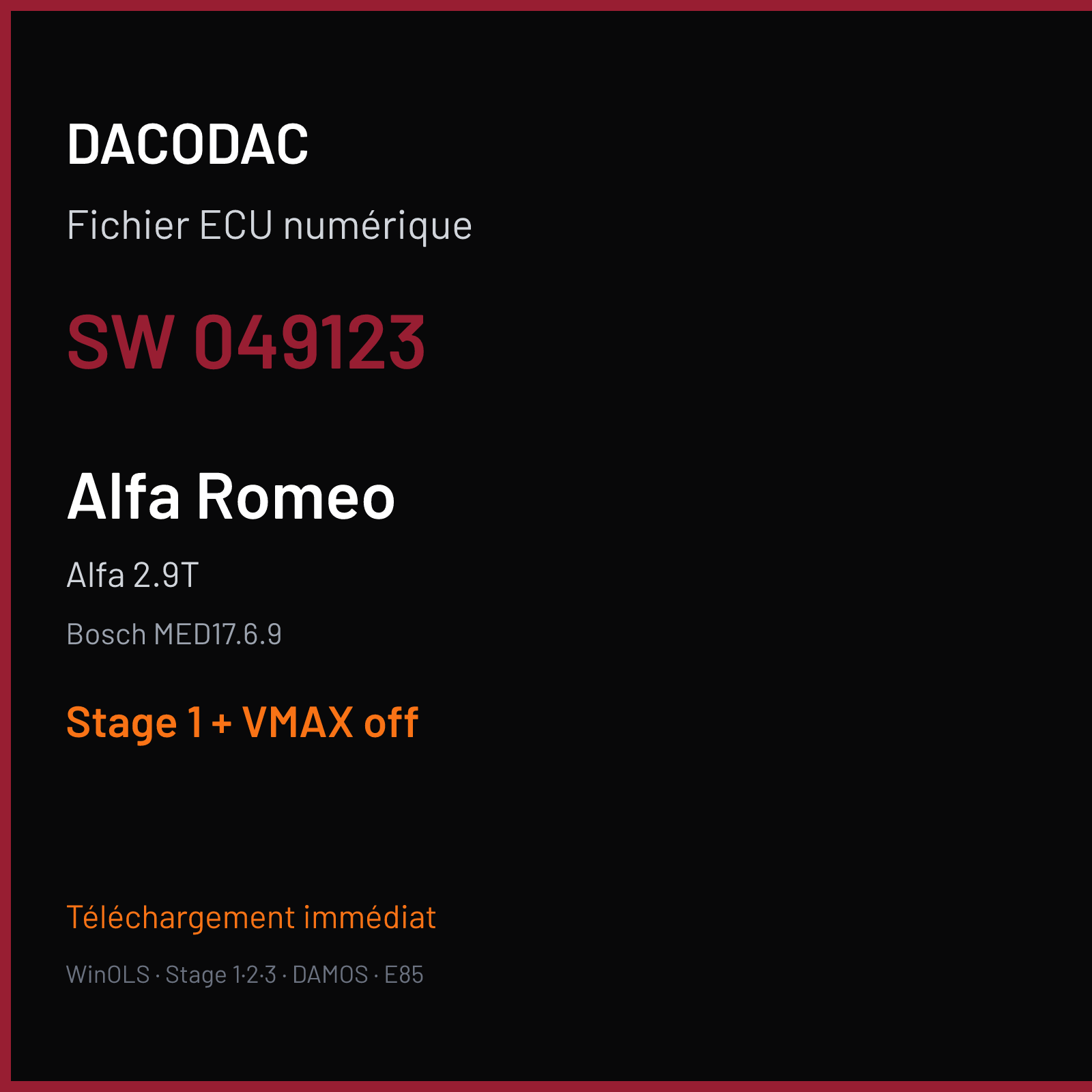 Alfa 2.9T — Bosch MED17.6.9 — 049123 — Stage 1 + VMAX off