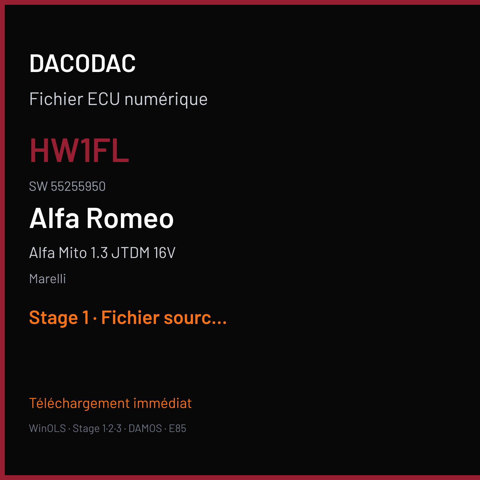 Alfa Mito 1.3 JTDM 16V 85 ch (2014) — Marelli — HW1FL · 55255950 · 32841M242 MJ8F3H — Stage 1