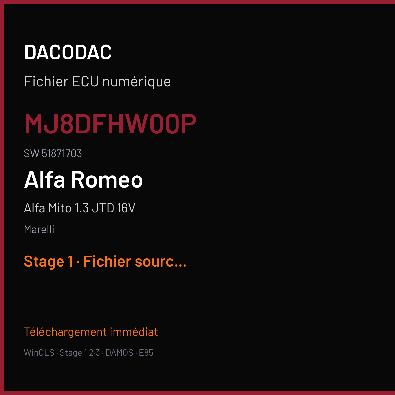 Alfa Mito 1.3 JTD 16V — Marelli — MJ8DFHW00P · 51871703 · 9445A376 MJ8DFH — Stage 1