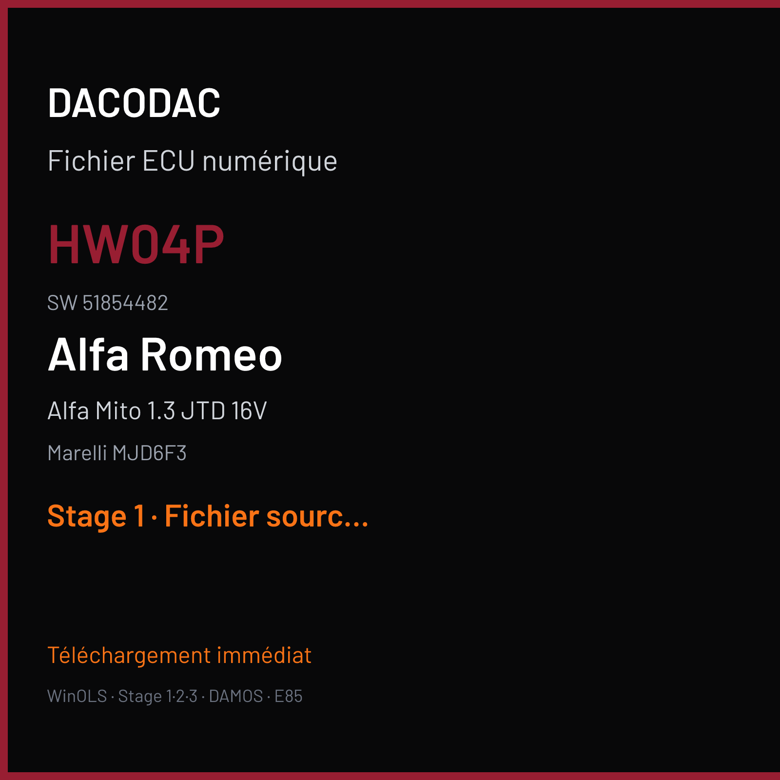 Alfa Mito 1.3 JTD 16V 90 ch (2009) — Marelli MJD6F3 — HW04P · 51854482 · 3643J291 — Stage 1