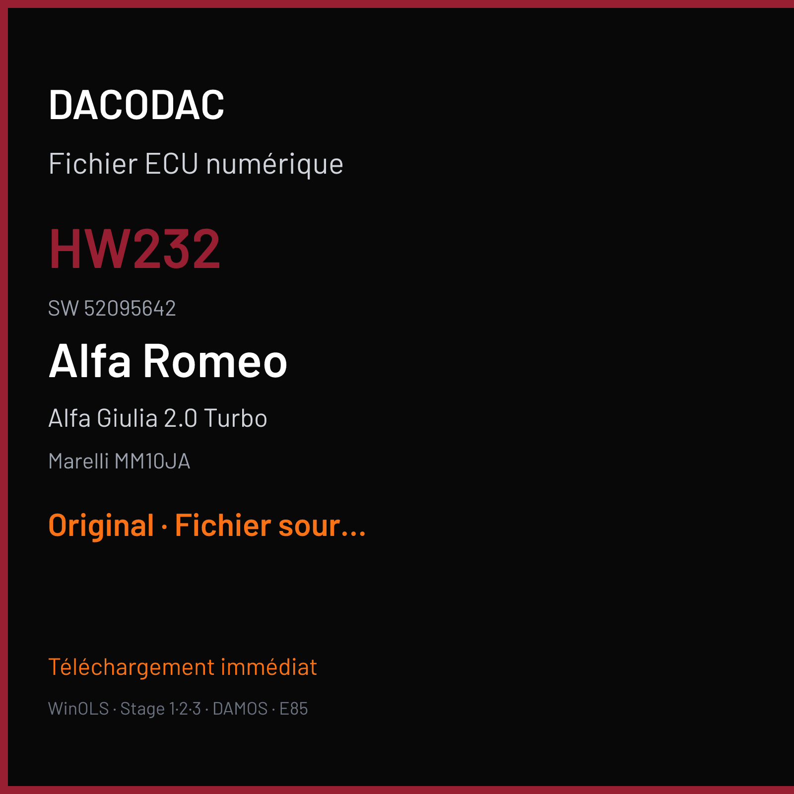 Alfa Giulia 2.0 Turbo 200 ch (2017) — Marelli MM10JA — HW232 · 52095642 · G503AA7A — Original