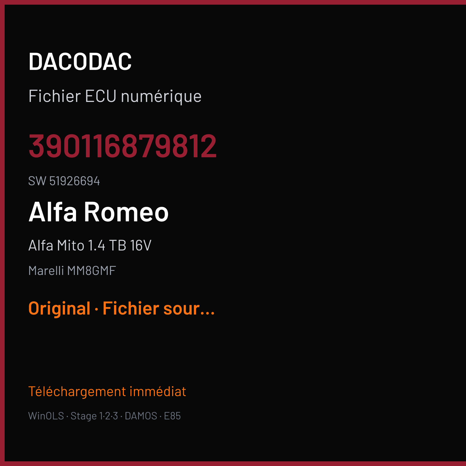 Alfa Mito 1.4 TB 16V 136 ch (2015) — Marelli MM8GMF — 390116879812 · 51926694 · 8GMFAA28 — Original