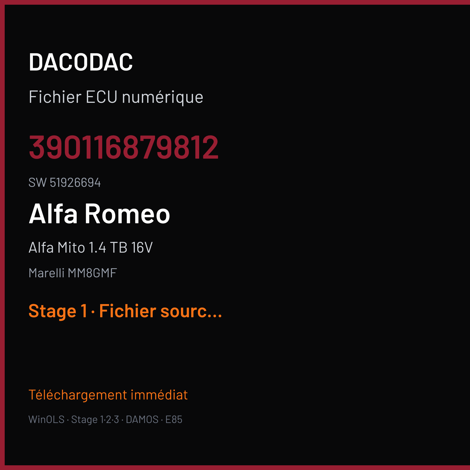 Alfa Mito 1.4 TB 16V 136 ch (2015) — Marelli MM8GMF — 390116879812 · 51926694 · 8GMFAA28 — Stage 1