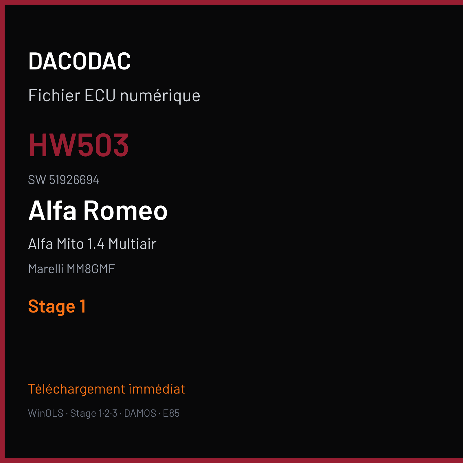 Alfa Mito 1.4 Multiair 135 ch (2013) — Marelli MM8GMF — HW503 · 51926694 · 3S61CB61 — Stage 1