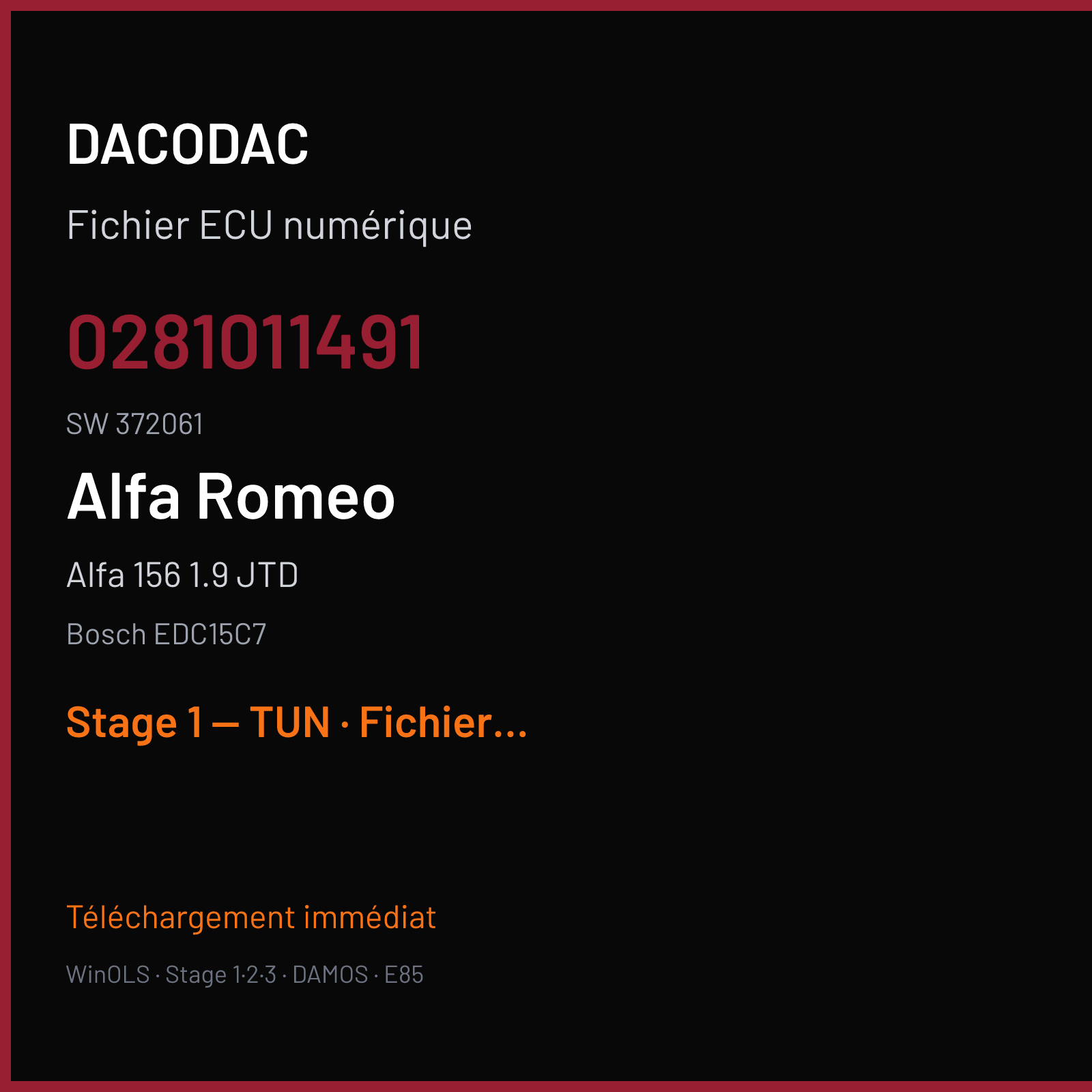 Alfa 156 1.9 JTD — Bosch EDC15C7 — 0281011491 · 372061 — Stage 1 — TUN